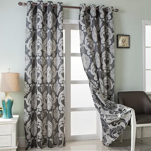 NAPEARL Cortinas de damasco para sala de estar, cortinas de jacquard gótico con patrones florales, cortinas grises para dormitorio de 96 pulgadas de