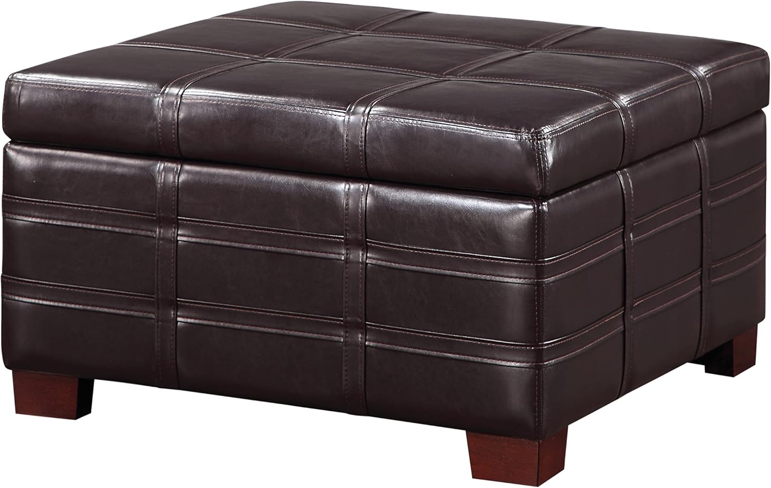 Espresso Faux Leather Square Storage Ottoman with Stitch Detail