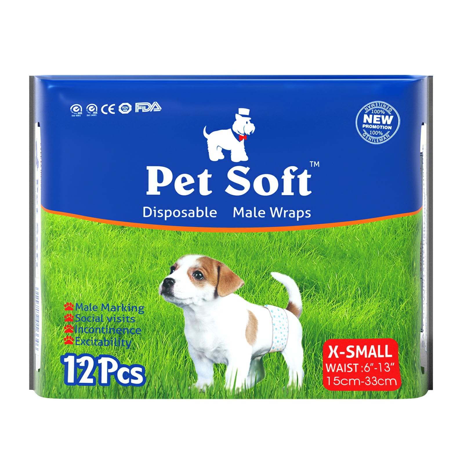 Pet Soft Pañales para Perros Desechables Paños para Perros machos Pañales para Mascotas Suaves absorbentes Super XS 12count (6'-13')