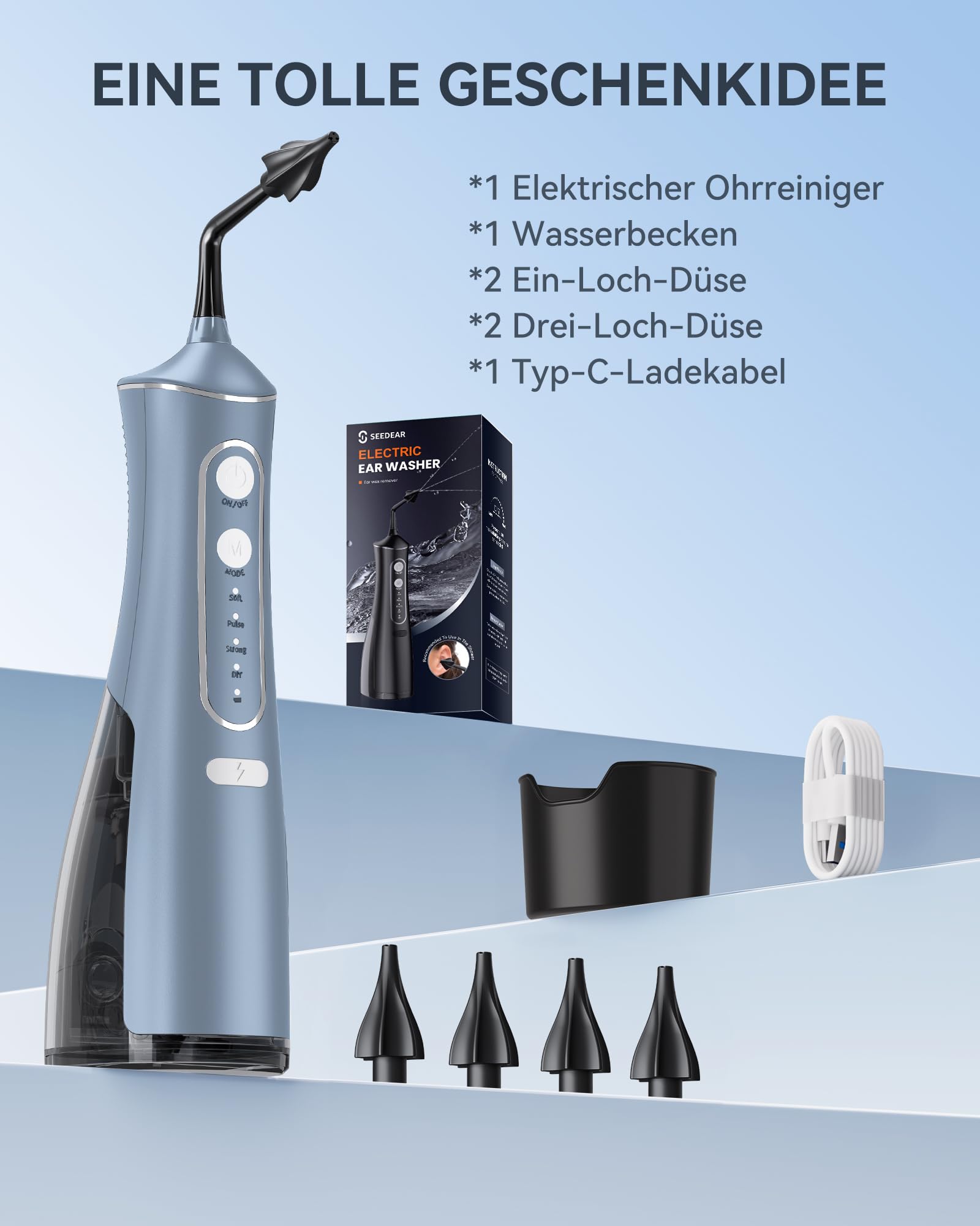 Ohrenschmalz Entfernung Kit - Wasserstrahl für Zuhause & Reisen – IPX7 wasserdicht,4 Modi inkl. DIY‑Druckregelung, Set mit4 Aufsätzen