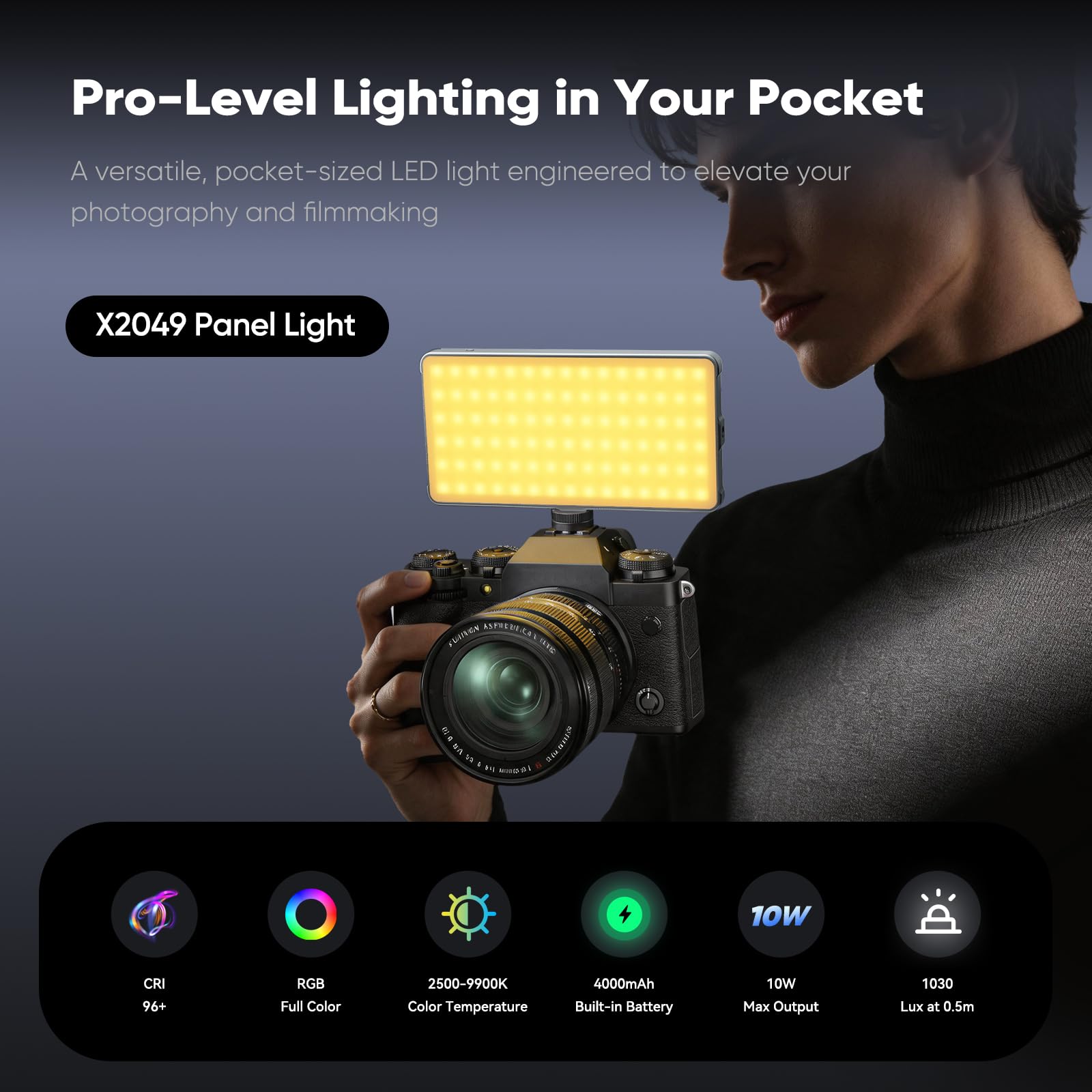 PHOTOOLEX X2049 Led Videoleuchte RGB, Tragbare Kamera Licht, 4000mAh