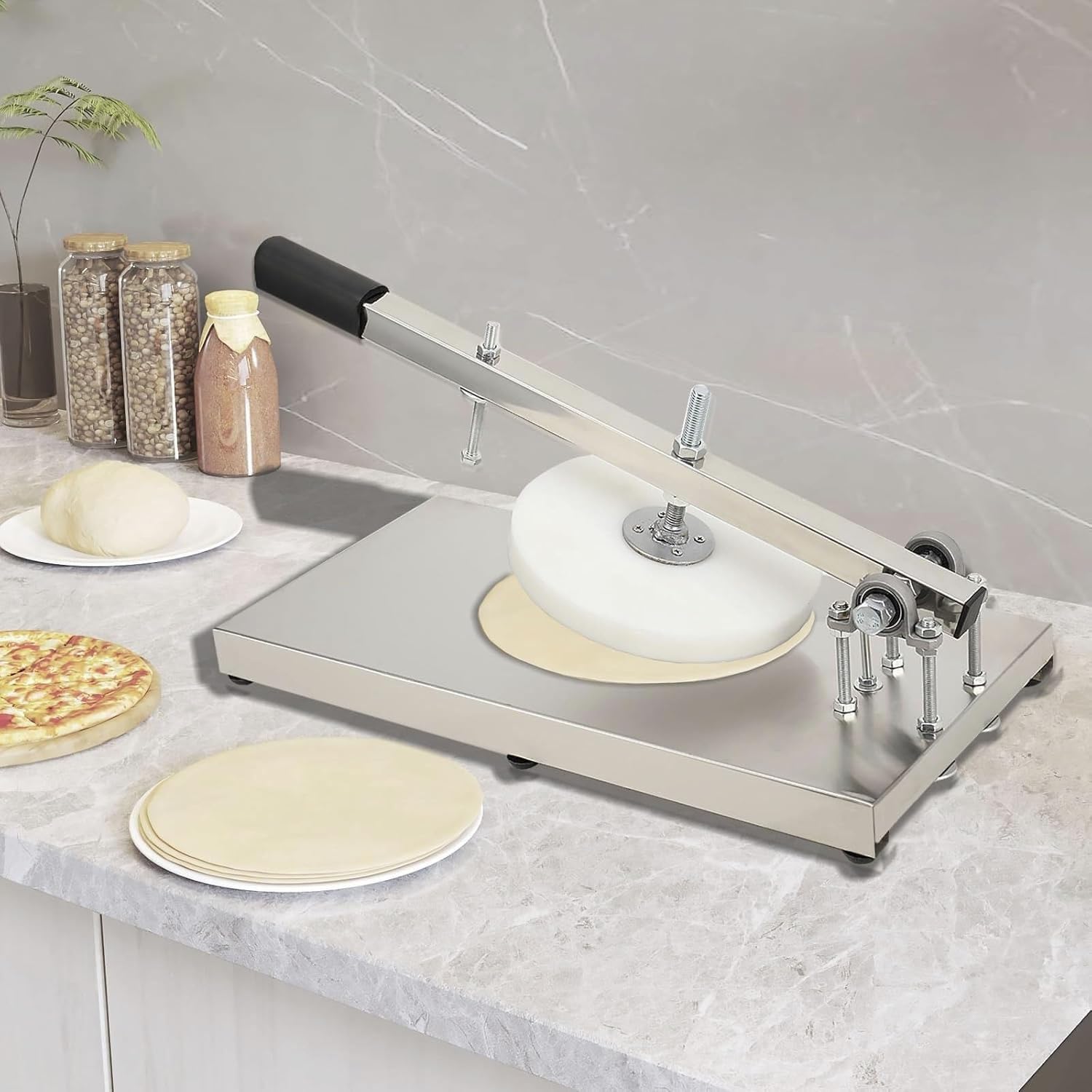 Pressa per Pizza Manuale da 50 * 25 Cm, Stendipasta Manuale in Acciaio Inox, Spessore Regolabile, 7 Specifiche del Disco tra Cui Scegliere, per Pizzerie E Snack Bar