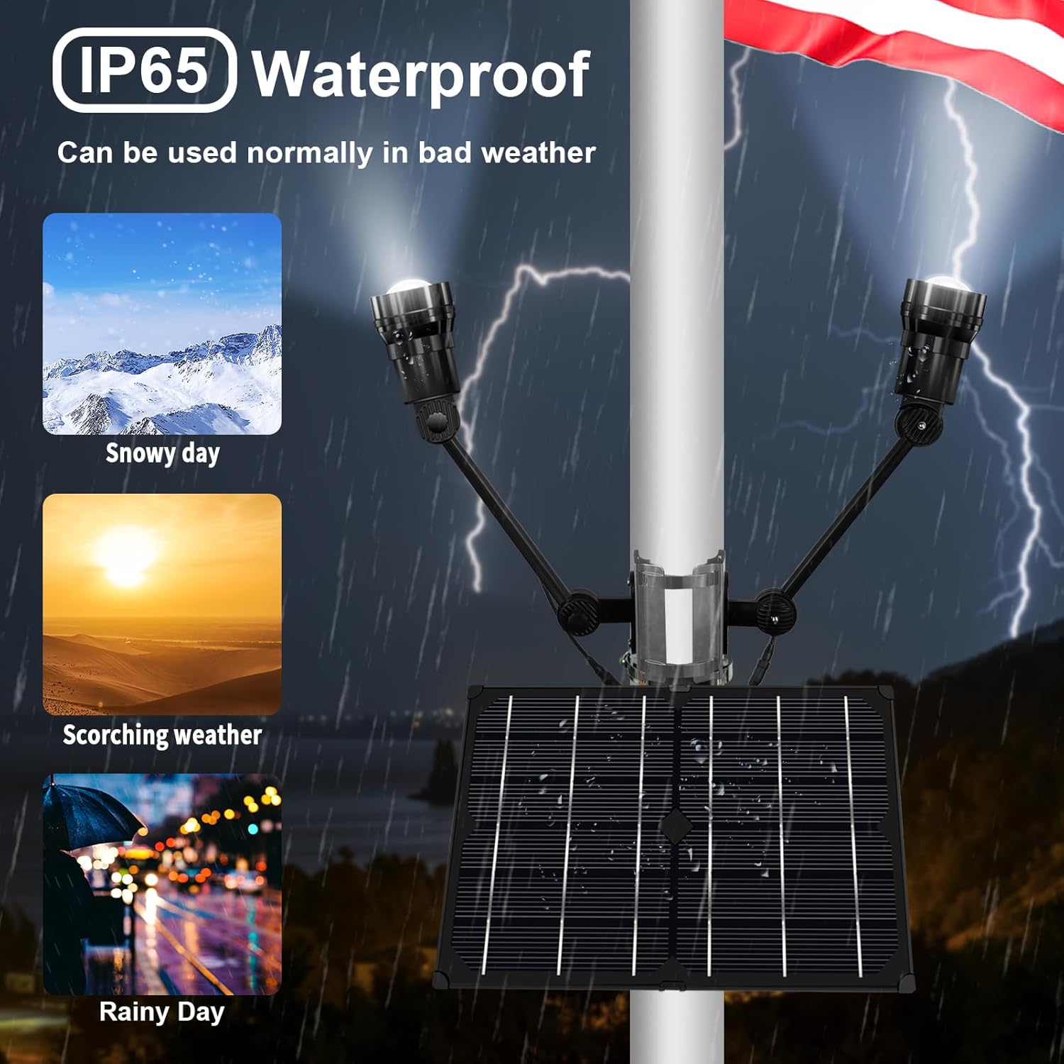 Flag Pole Light Solar Powered, Heavy Duty Metal Flag Pole Solar Light with Crystal Glass Zoom-in Spotlights, 12000mAh Waterproof, Suitable for Outdoor in-ground 15-40ft Flagpoles