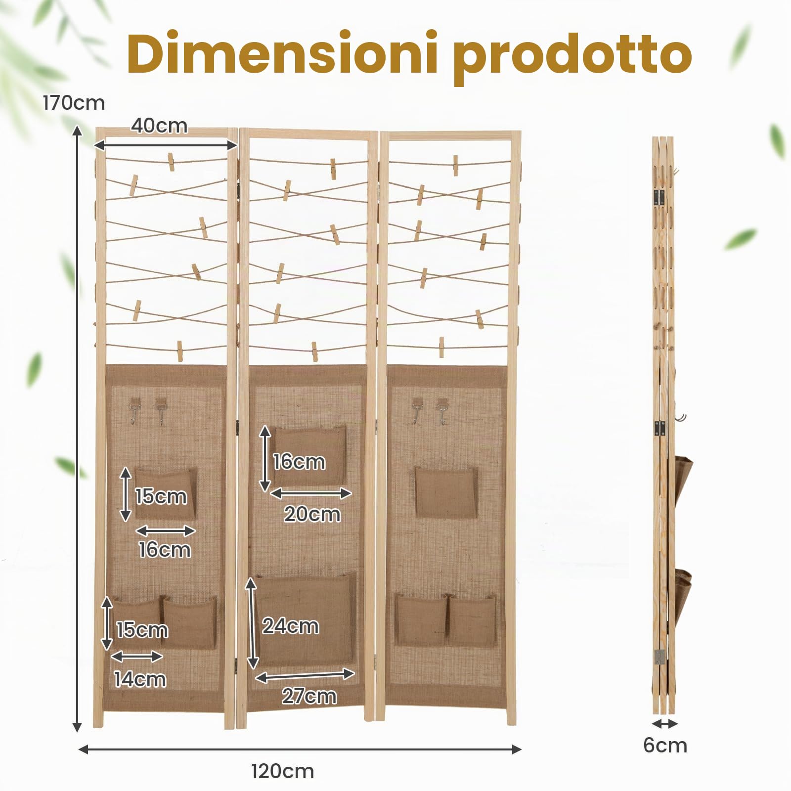 RELAX4LIFE Paravento Pieghevole a 4 Pannelli, in Legno con Griglia Metallica, Schermo Decorativo per la Privacy, per Ufficio, Casa, Naturale (Modello 3)
