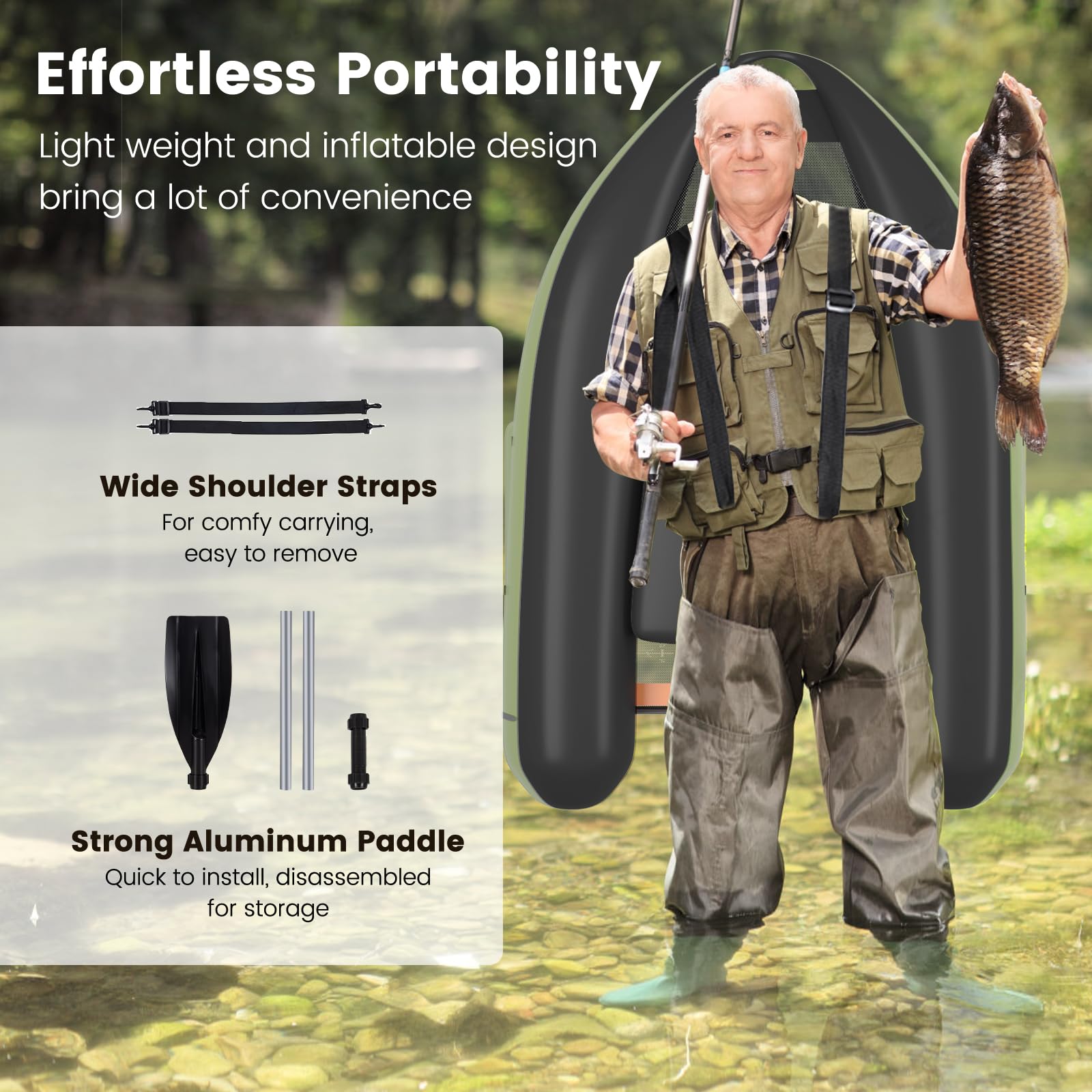 HOMASIS Canot de pêche pour adultes, gonflable avec palmes en PP et pagaie en aluminium, réservoir de pêche avec équipement complet, charge 160 kg, 136 x 105 x 54 cm