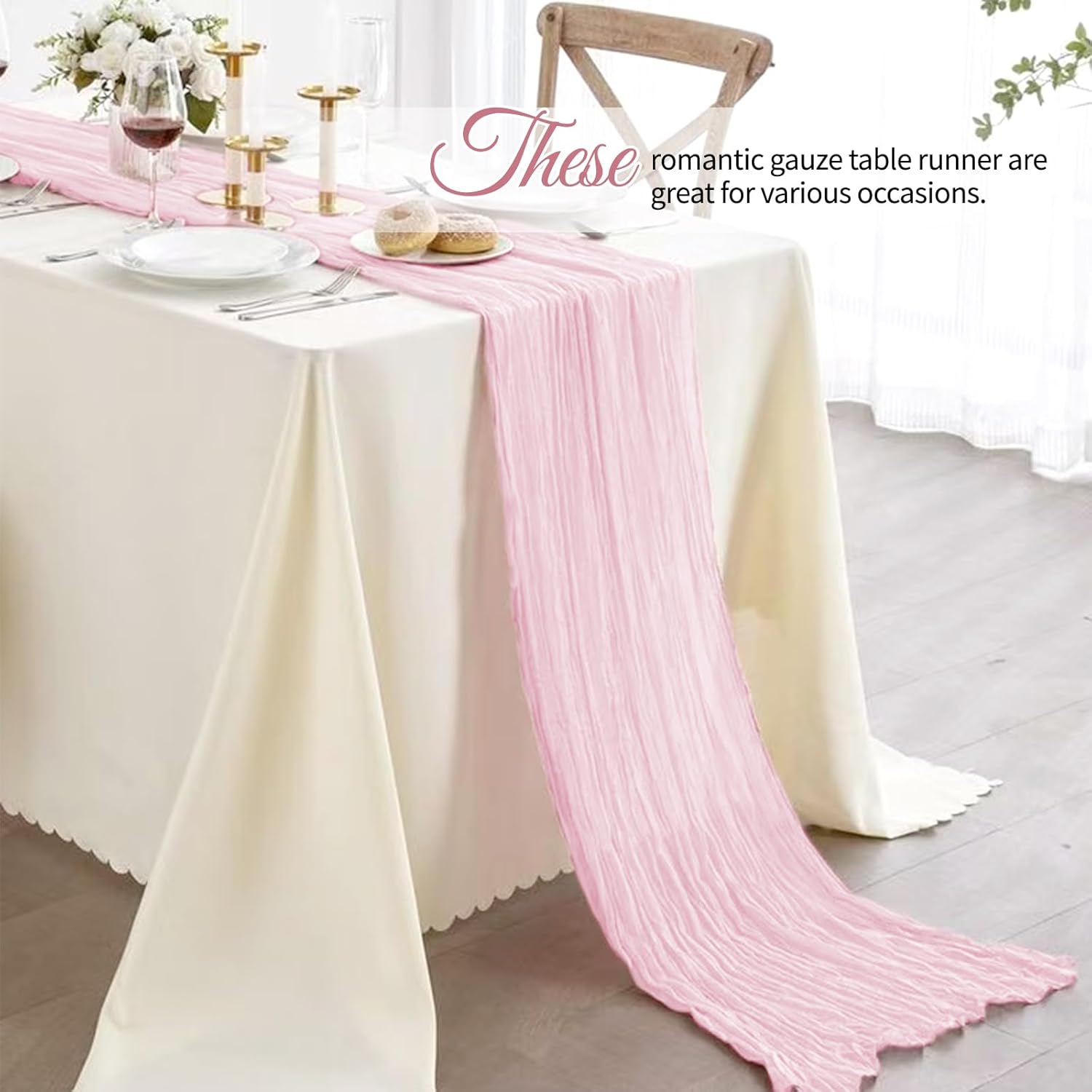 12 Pack Light Pink Cheesecloth Table Runner 10Ft, Gauze Table Runners 21.5 x 120 inch,Semi Sheer Cheese Cloth Fabric Runner Bulk for Wedding,Party,Baby Shower,Bridal Shower