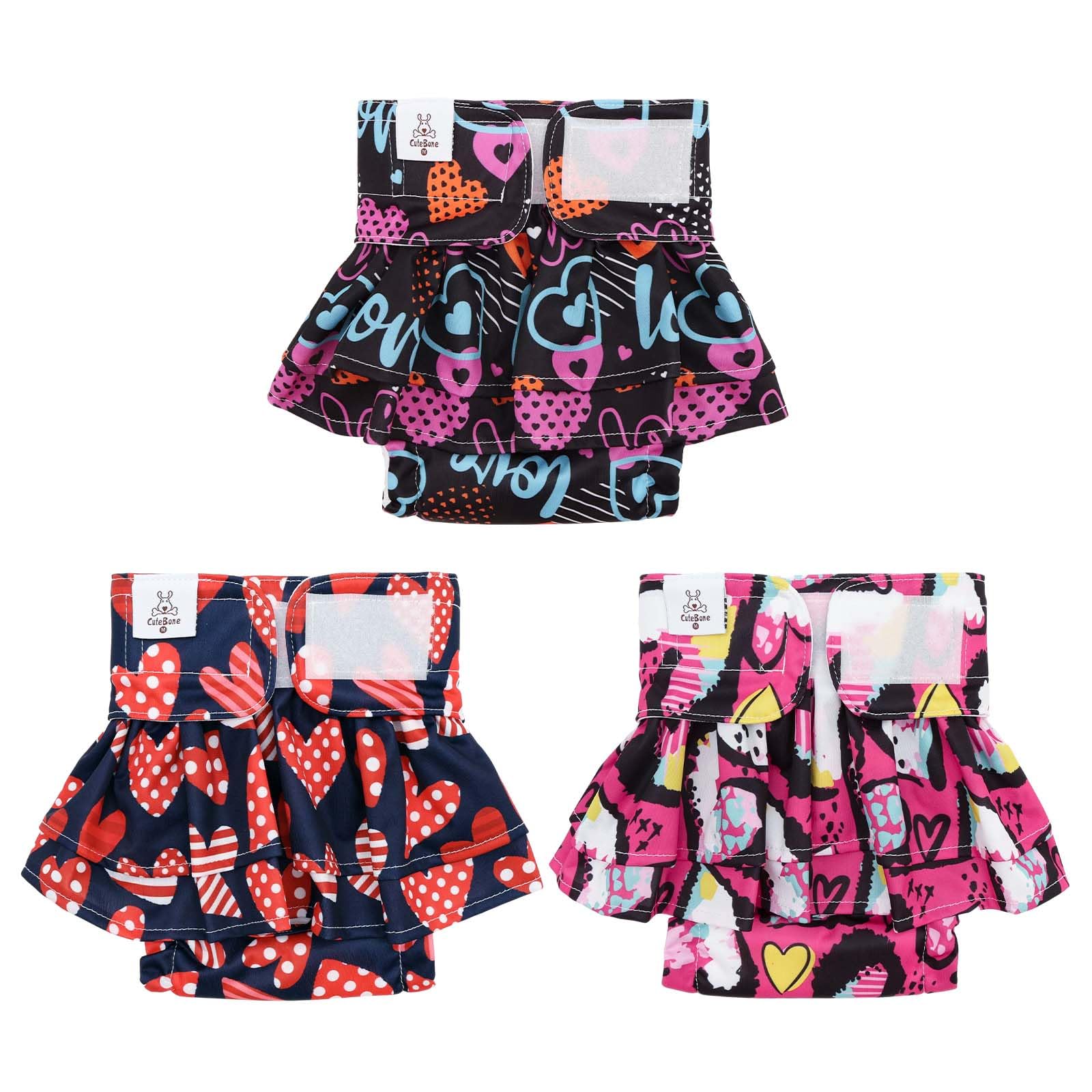CuteBone Female Dog Diapers with Skirts 3 Pack Reusable Puppy Dresses Pants for Heat Cycle Period QBD24XL