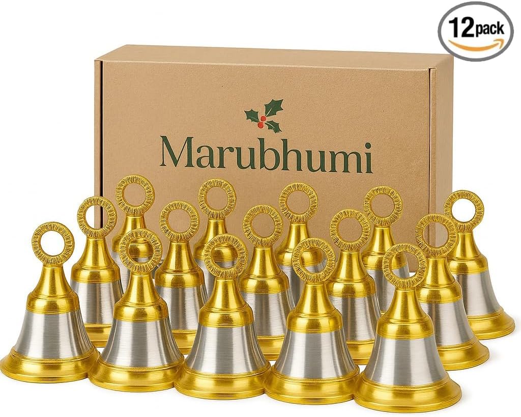 Marubhumi Premium Gold & Silver Metal Hanging Bells Set of 12 | Decorative Bells with Jute Rope for Home Décor, Mandir, Christmas Tree, Balcony, Wall & Garden Hanging | Vintage Rustic Finish