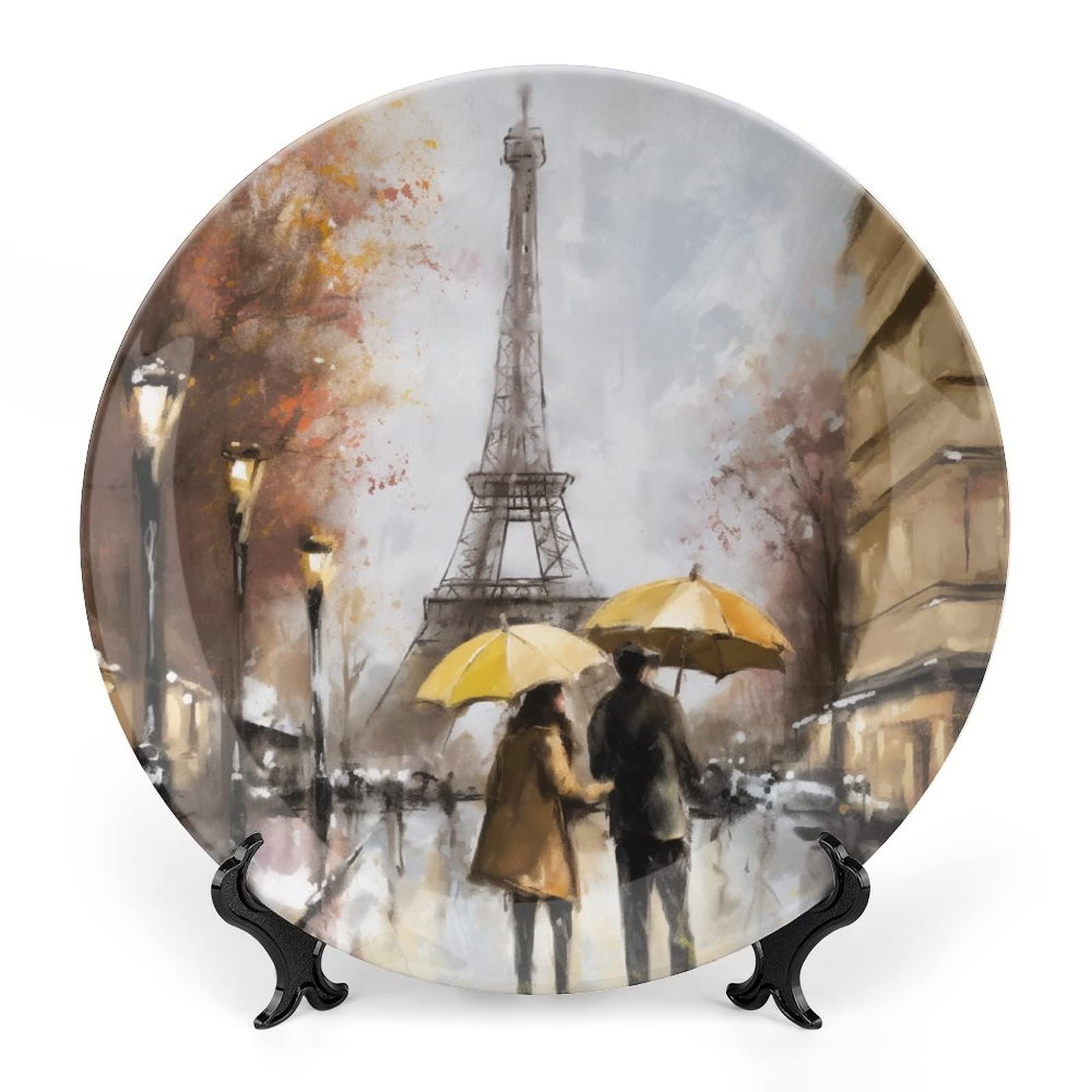 VHPVHP Bone China Decorative Plate, Paris Eiffel Tower Ceramic Decorative Plate for Home Office Wall Decor, with Vertical Stand Decorative Plates for Home Club
