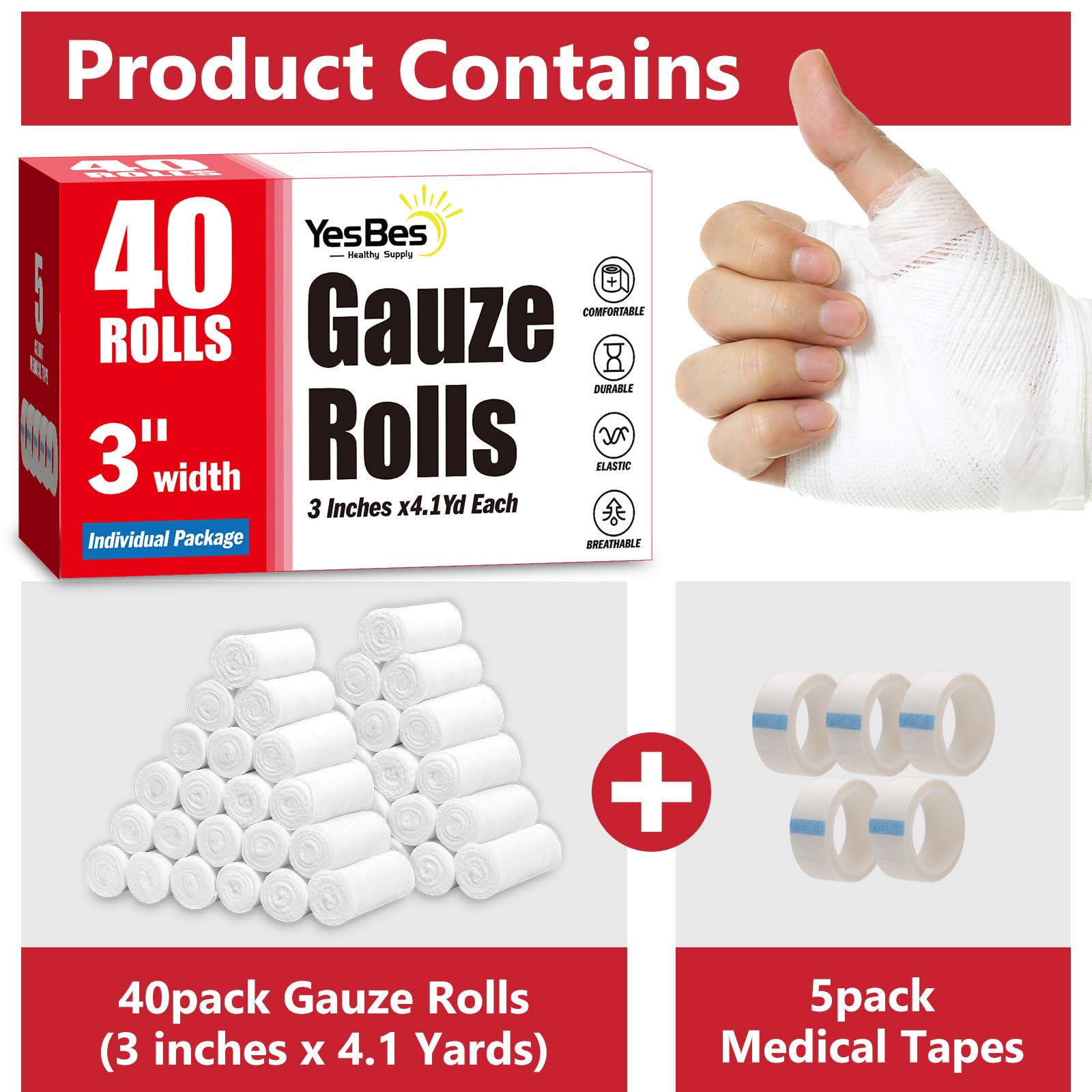 YesBes 40 Pack Gauze Rolls, 3 in x 4.1 Yards, Premium Gauze Wrap Roll for Wounds, Bandage Wrap Rolled Gauzes, Mummy Wraps, Individually Wrapped — Amazon image 2