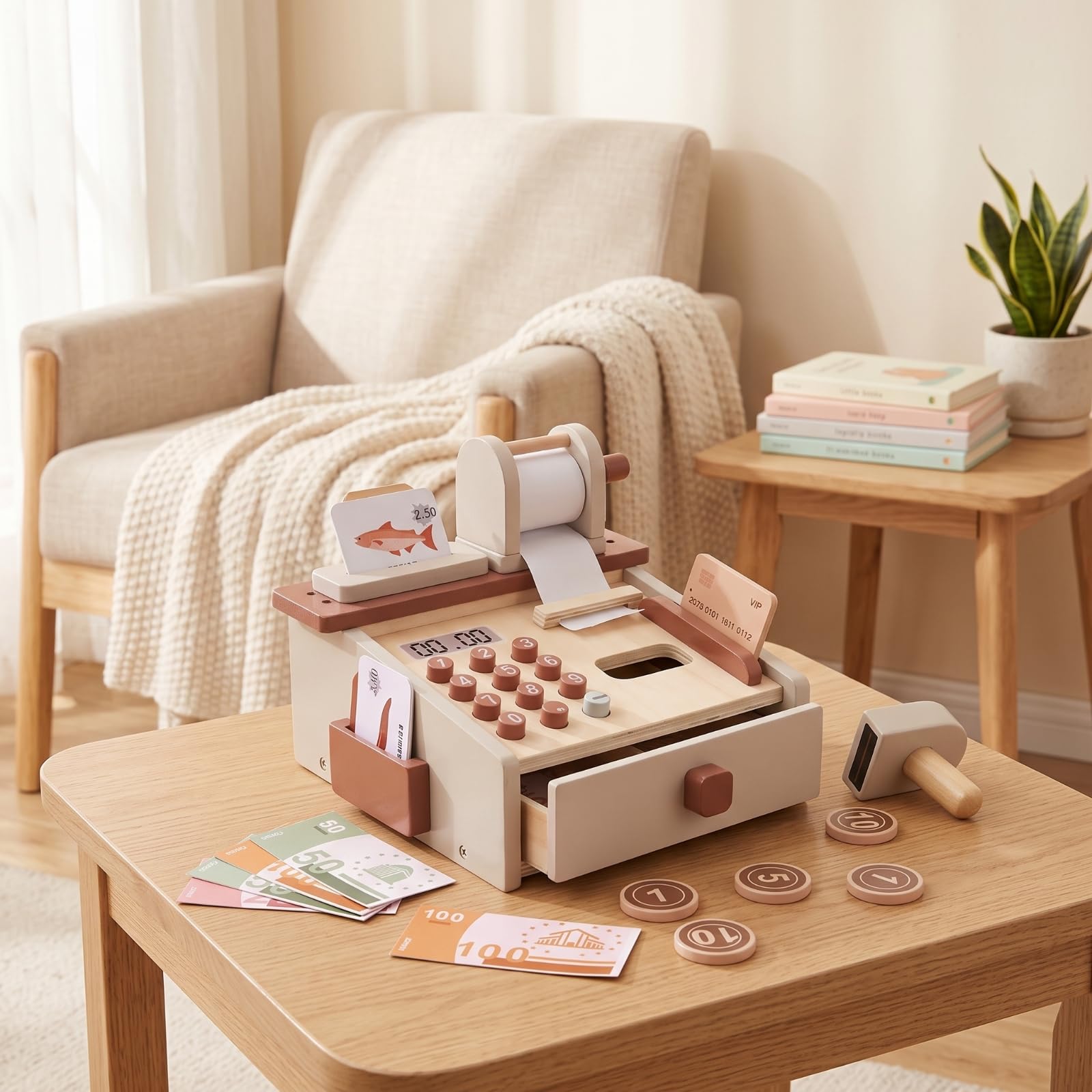 Cassa Giocattolo Bambini Cassa Registratrice Gioco Registratore Finto Set Supermercato Educativo in Legno con Cassetto Tasti Display Rullo Scontrino