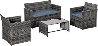 Outsunny 4 Pieces Patio Furniture Set with Cushions, Outdoor PE Rattan Wicker Conversation Garden Sofa Set with 2-Seater Chairs & Glass Coffee Table, Grey
