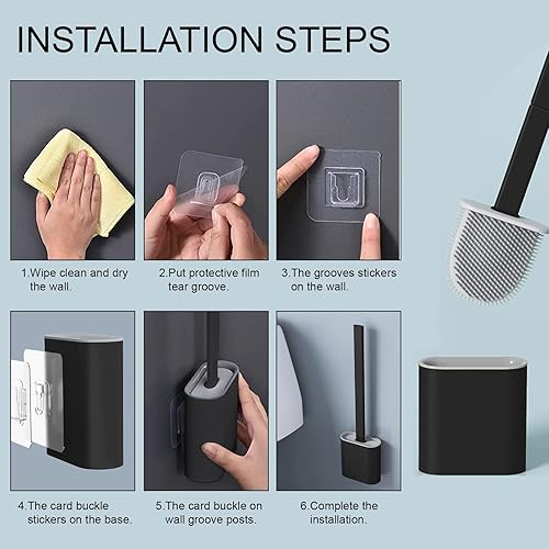 Miniatura 7 de JIMACRO Cepillo de inodoro TPR, cabezal de silicona flexible, mango de plástico, montado en la pared, negro