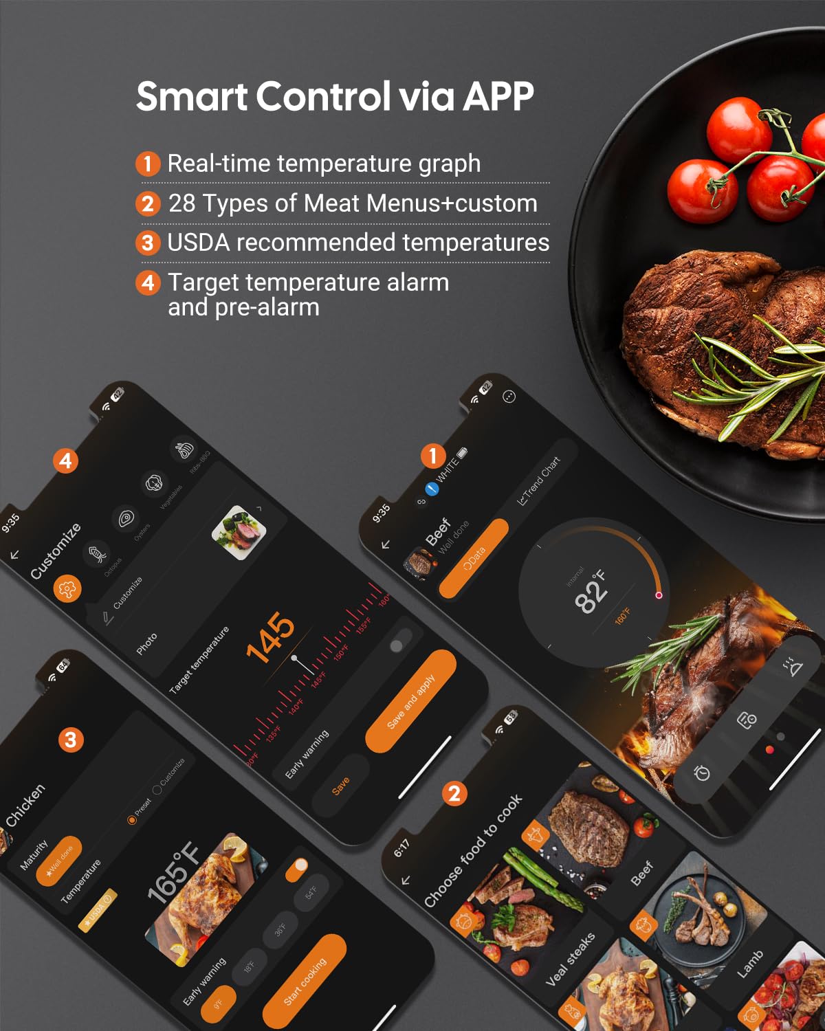 Termometro per carne wireless Bluetooth per affumicatore, Fitflavor WiFi termometro per carne per barbecue, sonda intelligente per carne per alimenti, cuoco, forno, grigliare, doppia sonda