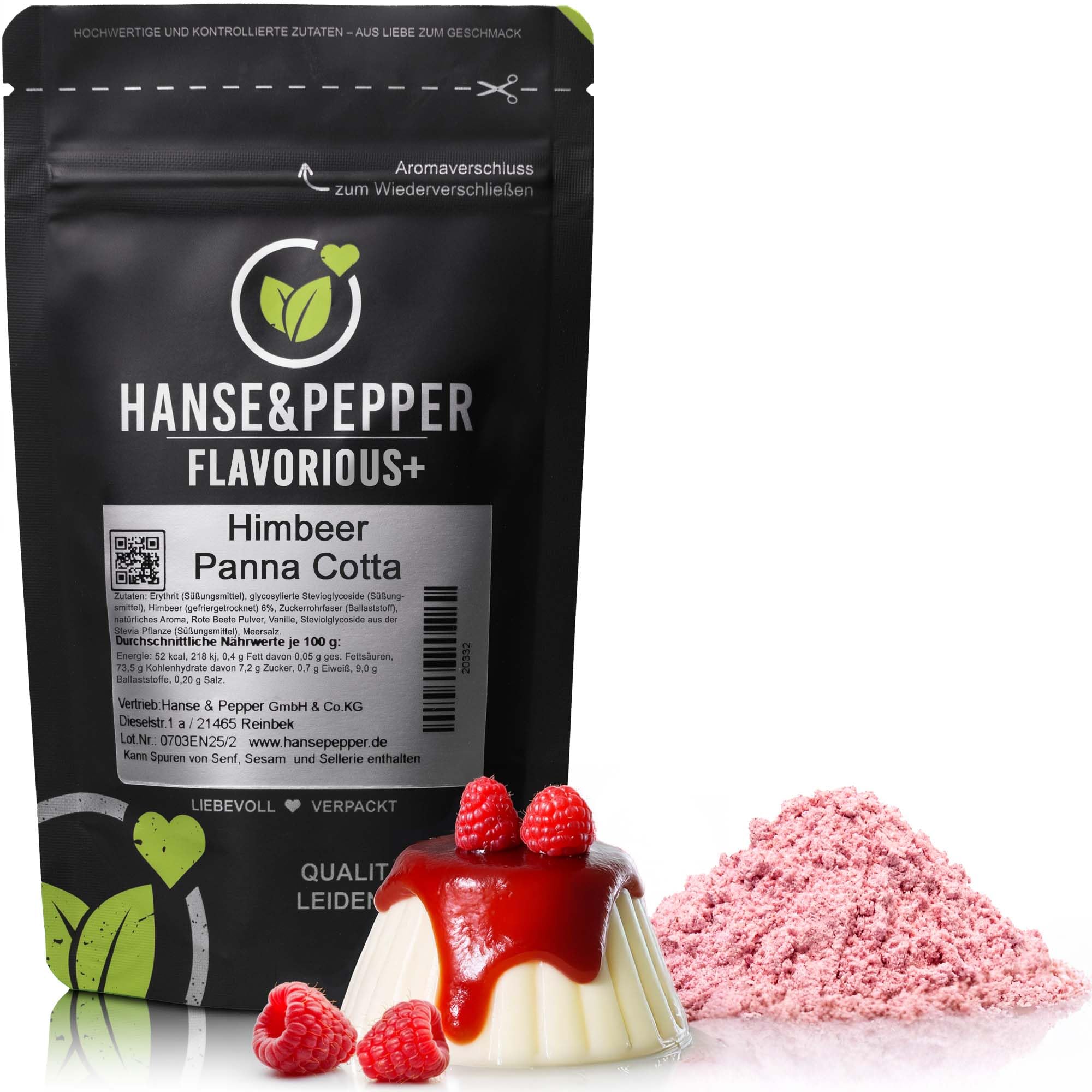 100g Hanse&Pepper Flavorious+ Geschmackspulver Himbeer Panna Cotta – ohne Zucker, kalorienbewusst – Dessertpulver Pulver für Quark, Joghurt, Shakes & Süßspeisen – ohne künstliche Süßstoffe
