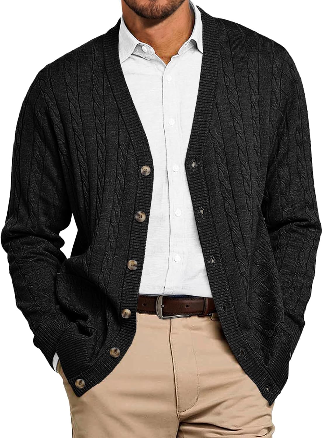 Runcati Mens Cable Knit Cardigan Sweater V Neck Casual Button Down Sweaters Long Sleeve Fall Outwear with Pockets
