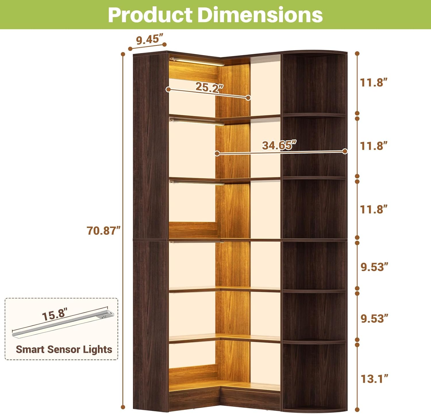 Cyclysio 7-Tier Corner Shelf with Motion Sensor Lights, 71" Tall Corner Bookshelf with Edge Protection, Modern L-Shaped Bookcase for Bedroom, Home Office, Living Room & Kitchen (Black Walnut, 6 LED)