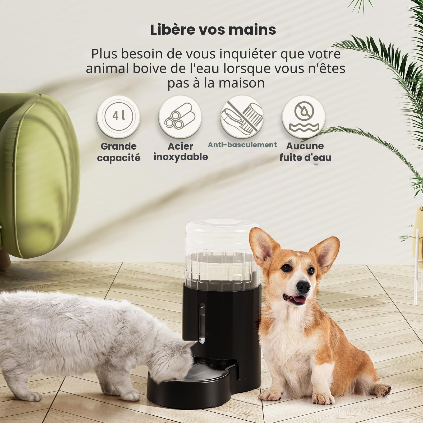 JUNSPOW Distributeur d'eau pour Animaux 4L avec Bol en Acier Inoxydable, Distributeur Automatique d'eau par gravité pour Chats, fenêtre Visible, sûr et débranché pour Les Animaux de Compagnie, Noir