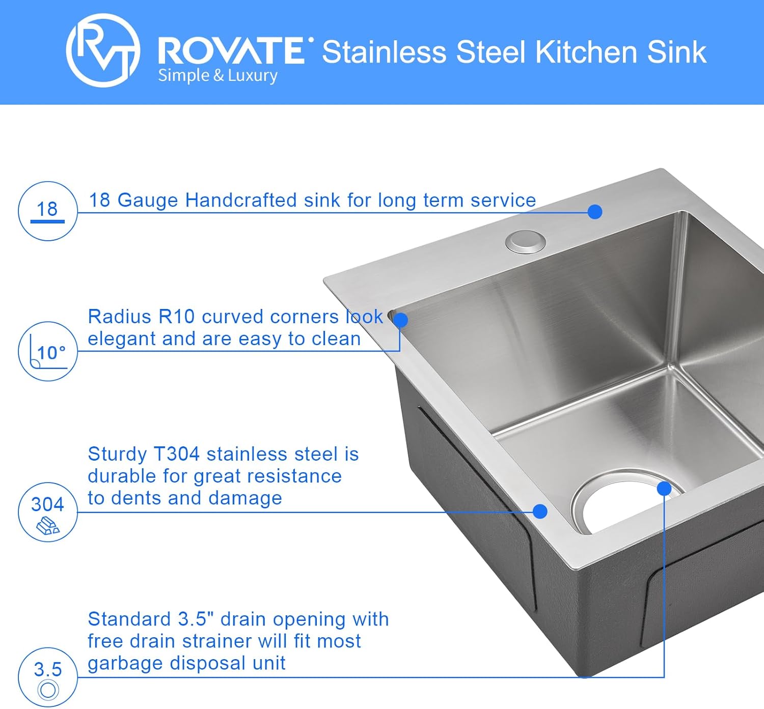 ROVATE 17 x 19 Inch Drop in Bar Sink Single Bowl, Topmount 304 Stainless Steel Small Kitchen Sink with 1 Hole, Handmade Overmount Wet Bar Prep Sinks with Basket Strainer