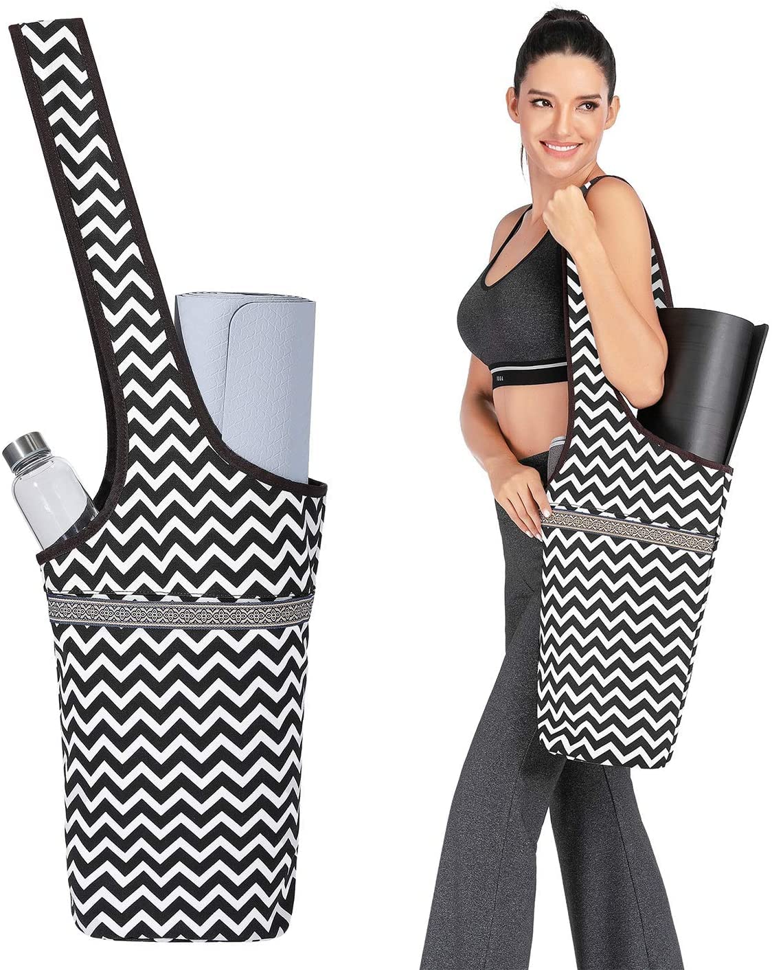 Brien Yoga Mat Bag Canvas Fashion Bag with Large Pocket & Zipper Pocket Fit Most Size Mats Yoga Mat Tote Sling Carrier for Yoga Pilates Gym Exercise Fitness (ZigZag)