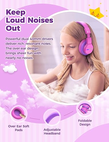 Miniatura 9 de iClever BTH12 - Auriculares para niños, luces LED coloridas con Bluetooth con volumen de 748594dB limitado sobre la oreja, tiempo de reproducción de