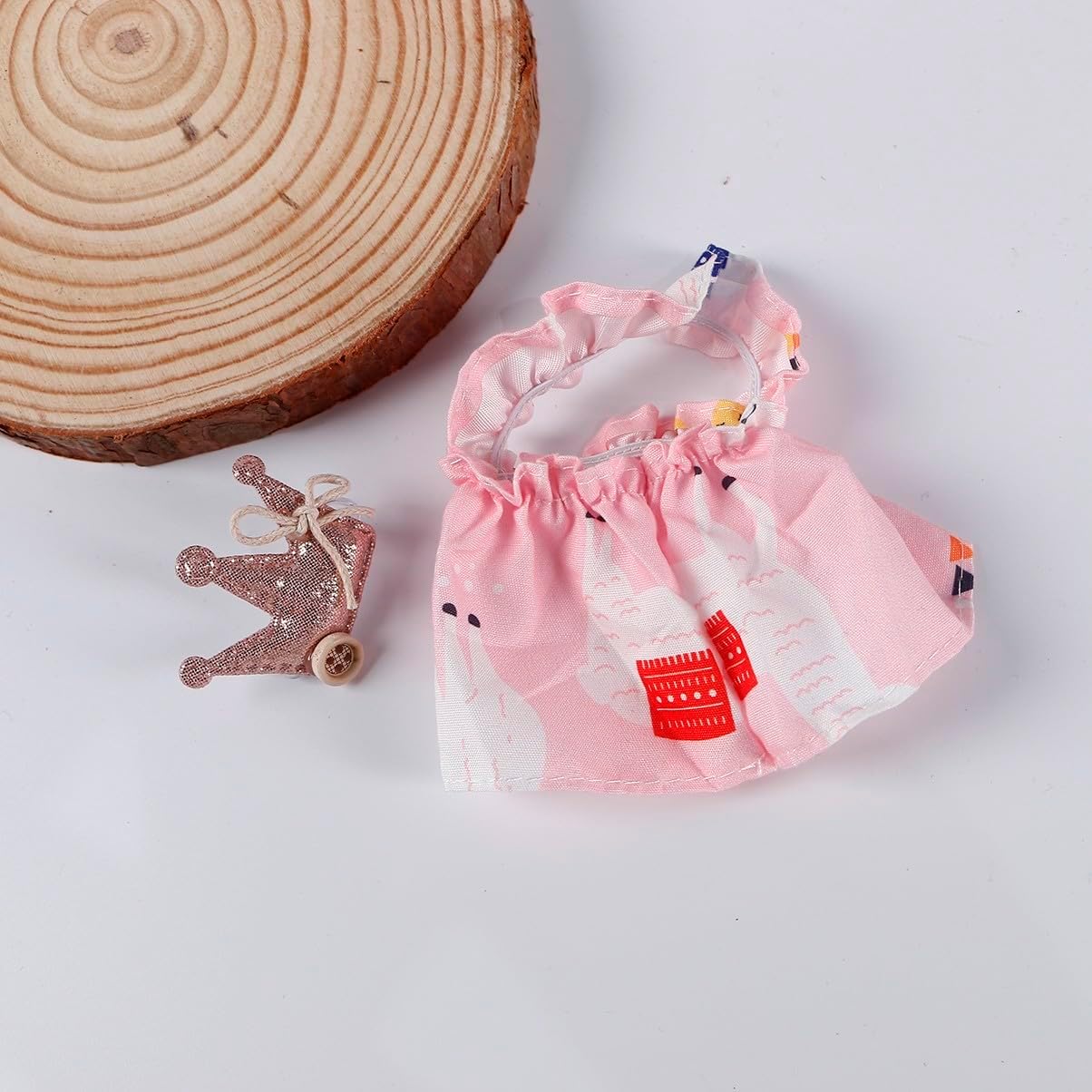 Compatible with Labubu 15cm/17cm (NO Doll) - Pink Swan Pattern Dress & Glitter Crown Hair Clip Set, Doll Clothing Accessories