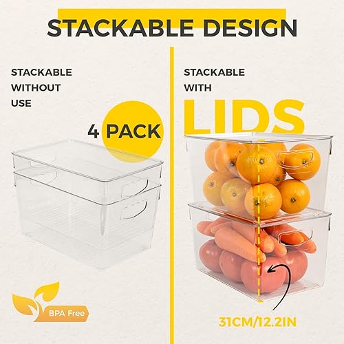 Miniatura 2 de SCAVATA Paquete de 4 cubos de almacenamiento apilables con tapas, organizador de despensa de plástico transparente con asa para cocina, nevera,