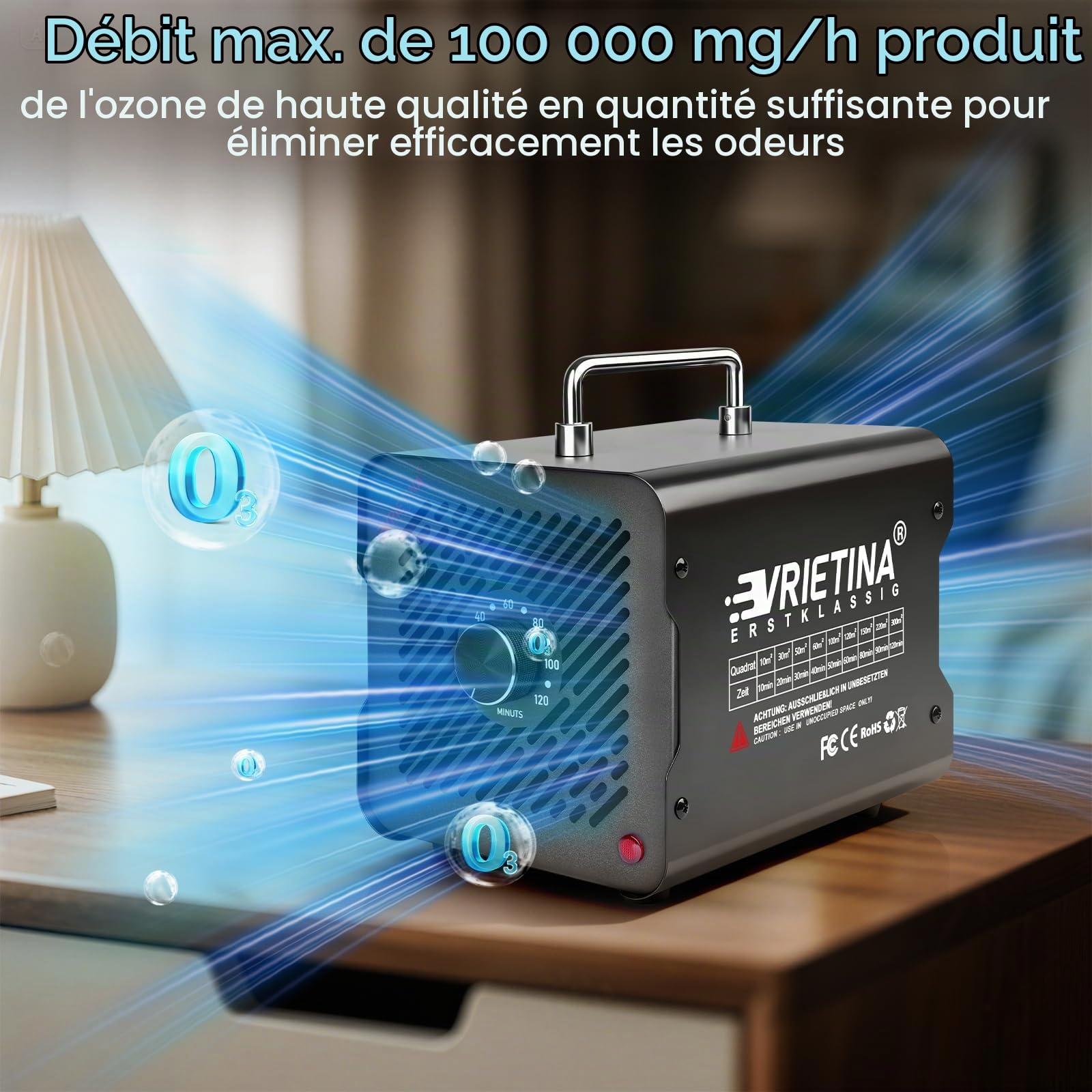 Générateur d'Ozone Domestique 65000 mg/h, 35db 150w Machine à Ozone pour Purification de l'Air et Élimination des Odeurs Dispositif d'Ozone Portable O3 pour Bureau, Salle de Bain, Maison, Voiture