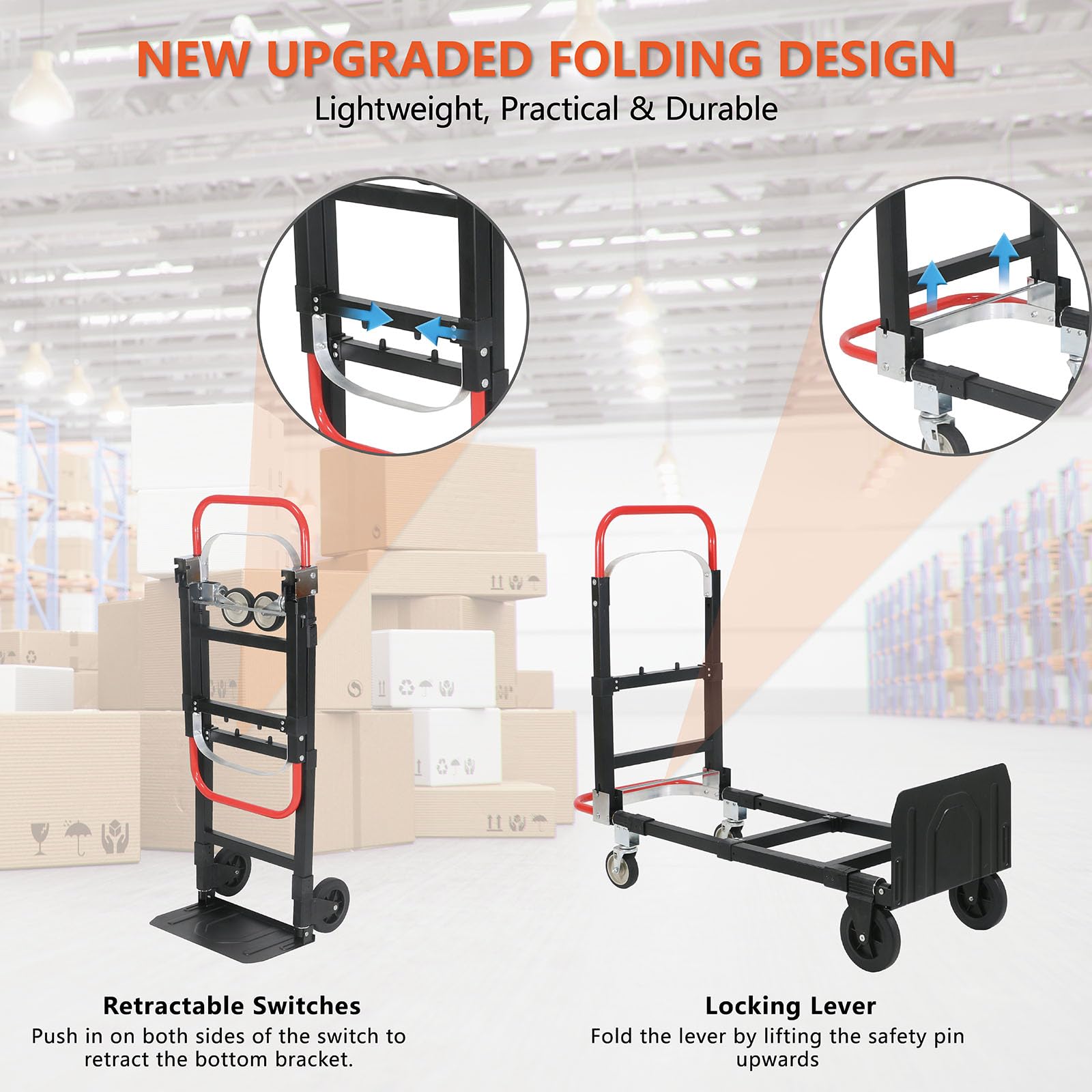 Carretilla de mano convertible 2 en 1 mejorada con capacidad de 600 libras, carretilla de mano plegable de aluminio con ruedas de goma para transporte y mudanza en casa, almacén, supermercado, oficina