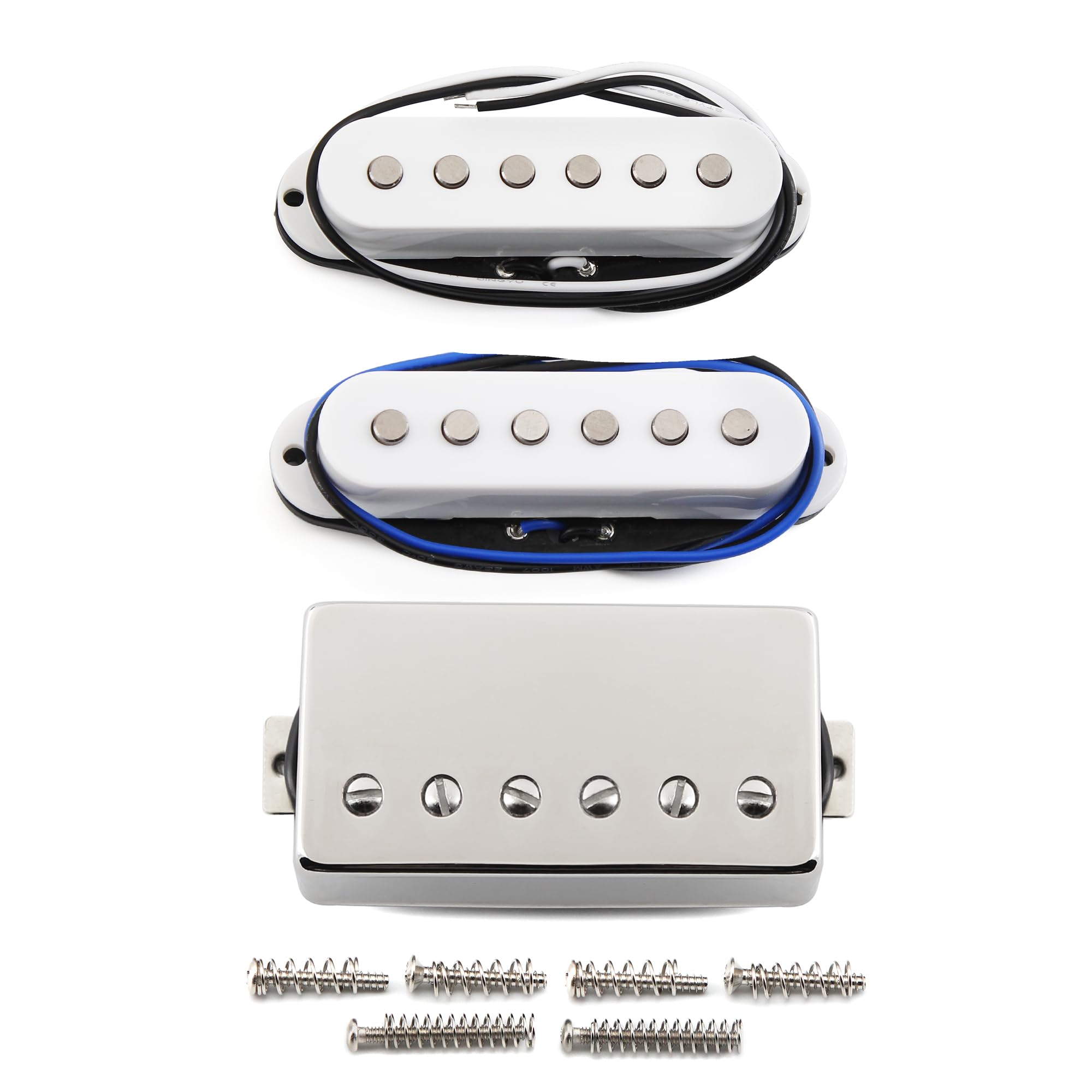 FLEOR Alnico 5 Flat Pole Single Coil Pickup und High Gain Humbucker Set Weiß HSS N+M+B Tonabnehmer für ST Style Gitarre