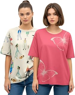 HELLCAT Multicolor Printed Oversized T-Shirt for Women |Pack of 2 T-Shirt Price In India