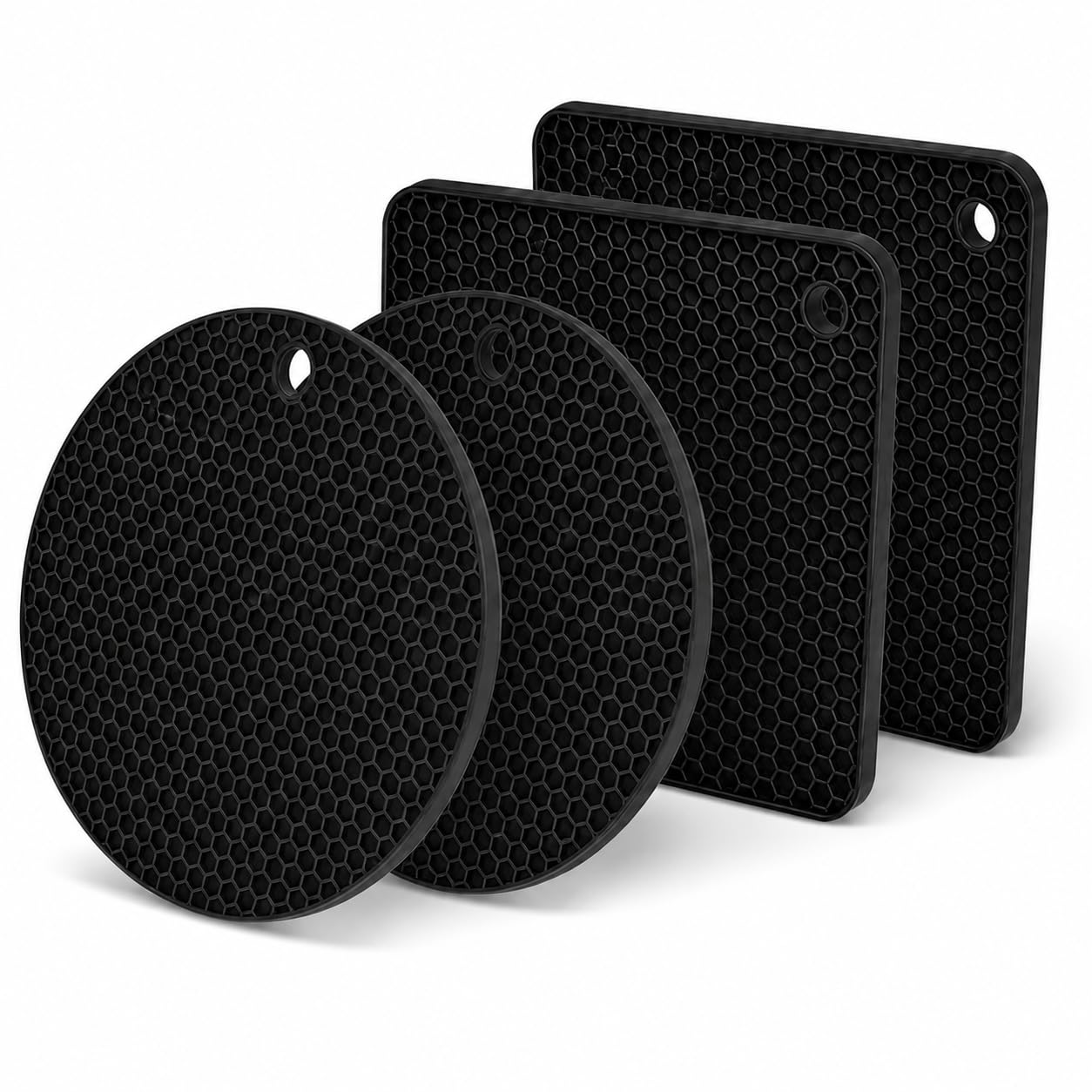 Scettar 4 Pcs Dessous de Plat en Silicone(2 Circulaire+2 Rectangulaire), sous Plat de Table Chaud(Noir), pour Casseroles et Poêles Chaudes, Multi-Usages