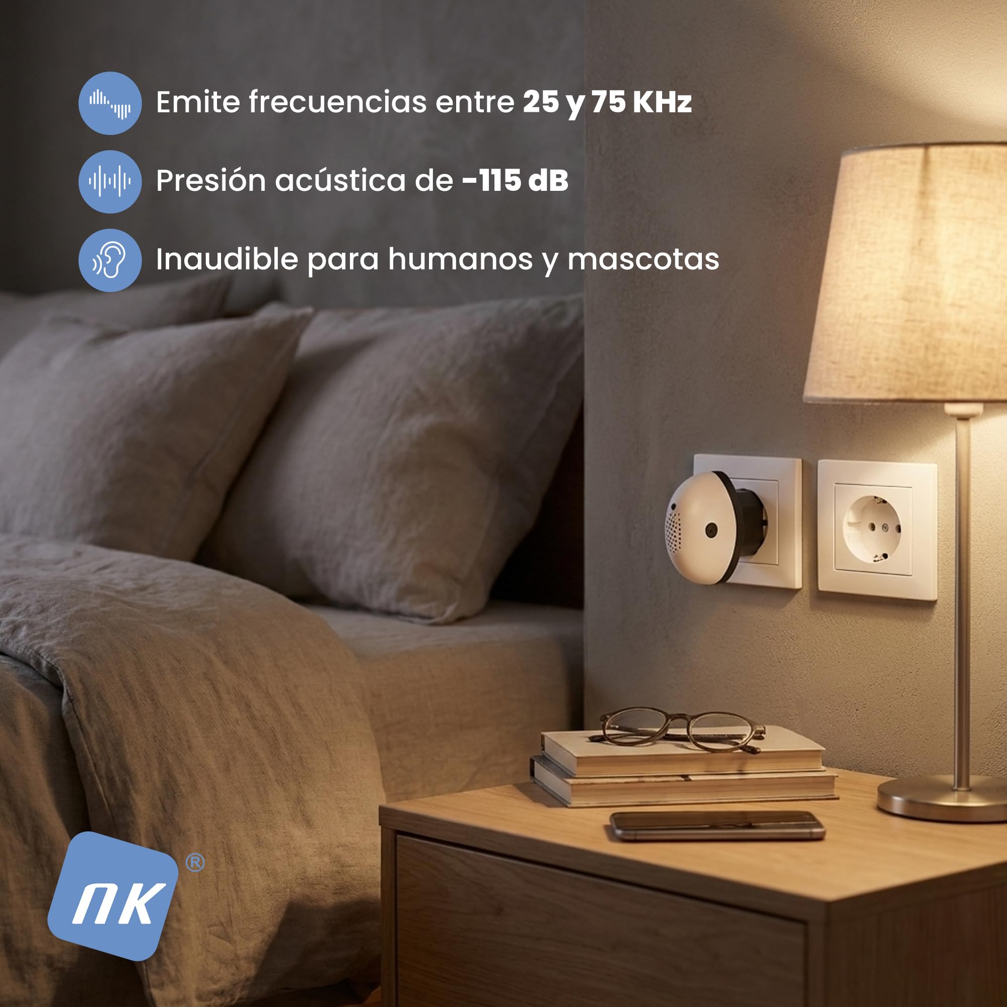 NK Repelente Ultrasónico Antimosquitos Electrónico - Control por Botón, Cobertura 150 m², Uso Interior, Blanco y Negro