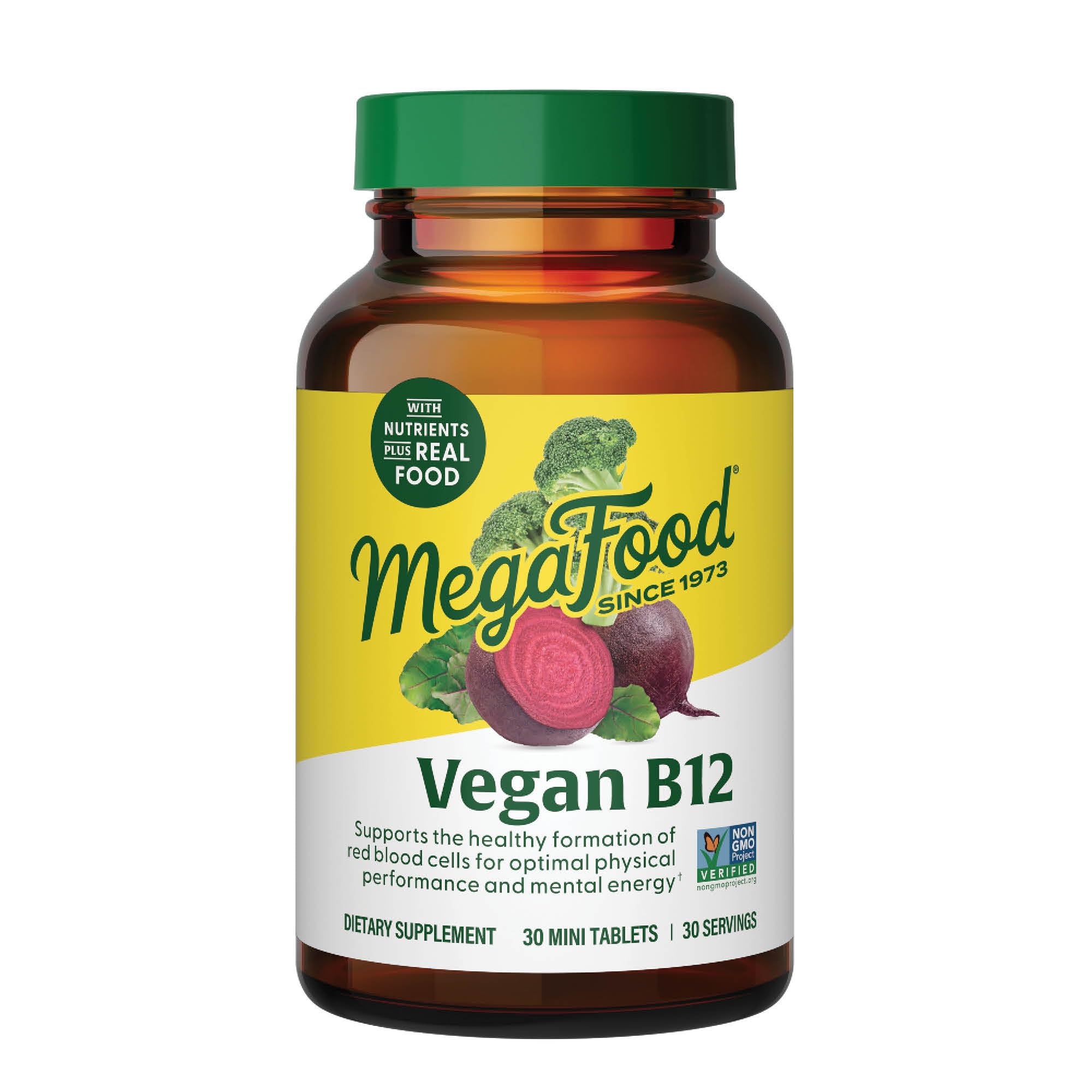 MegaFood Vegan Vitamin B12,Vitamin B Supplement-B6 Vitamins & Folic Acid,Cellular Energy,Nervous & Cardiovascular System,30 Tabs-1 Month Supply
