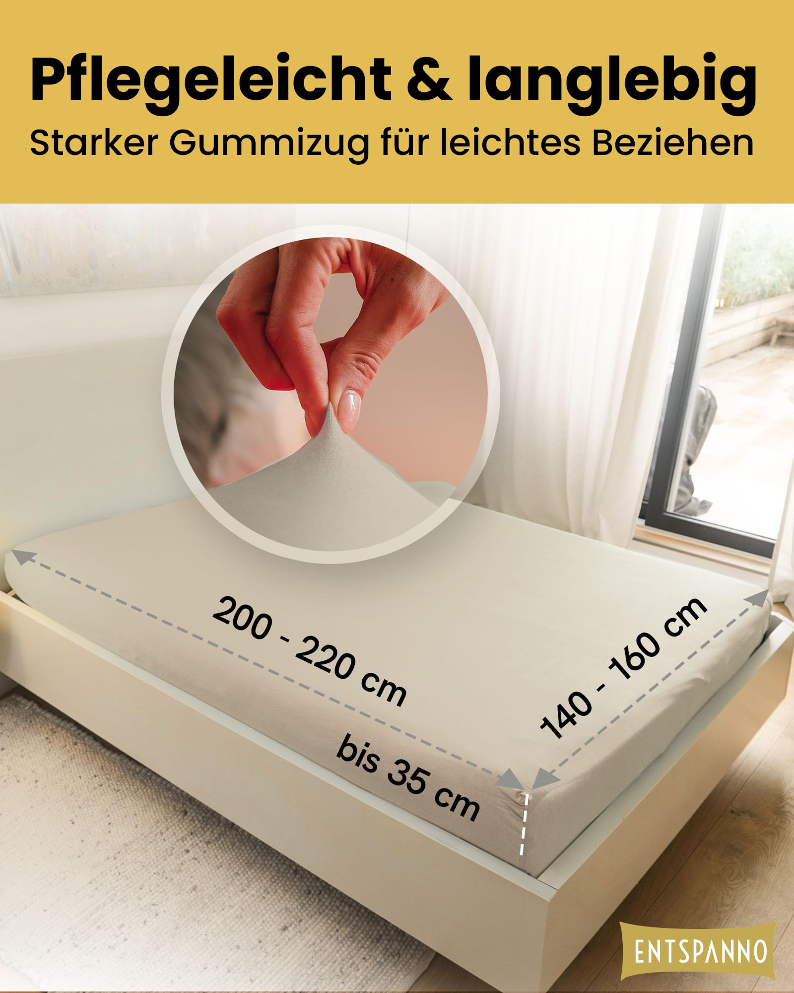 ENTSPANNO Luxus Spannbettlaken 140x200 bis 160x220 cm - Aus weichem Premium Jersey - auch ideal für Wasser- u. Boxspringbett bis 35cm Höhe - Beige