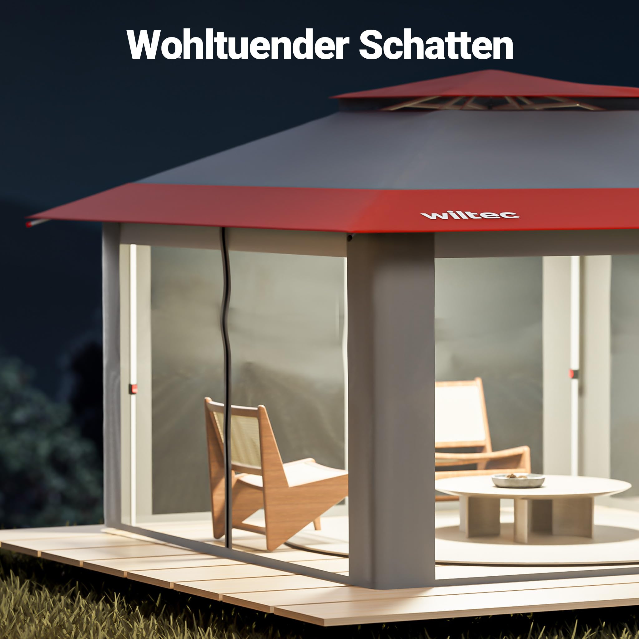 Wiltec Faltpavillon Moskitonetz 3,92 x 3,92 m grau rot, Gartenpavillon mit Rädern und Mückennetz, Partyzelt mit One Push-Technik und verstellbaren Beinen