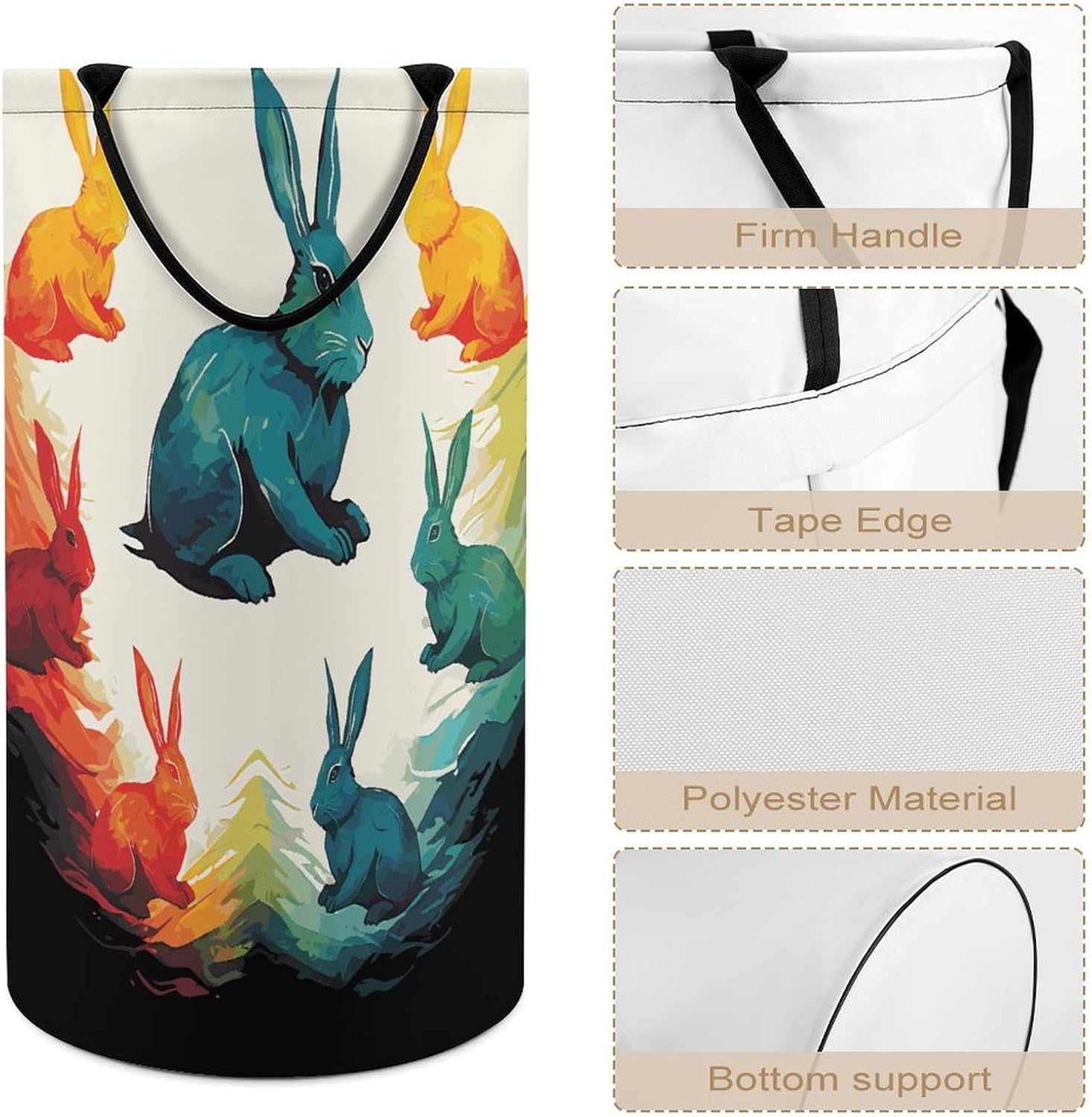 Rainbow RabbitLaundry Hamper - Large Dirty Clothes Bag.Storage Basket for Easy Carry Handles. Large Clothes Basket with Handles, Clothing Storage Bucket Toy Organizer for Bathroom Bedroom Dorm.