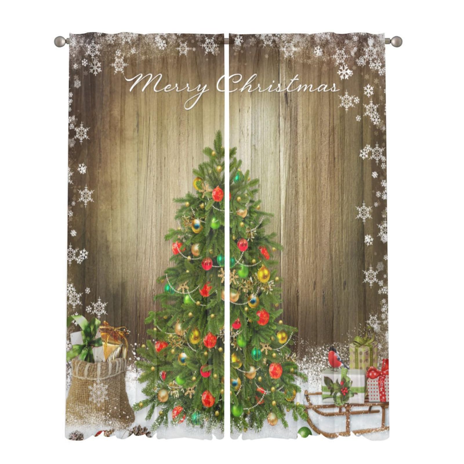 Surwin Translucidas Cortinas Salon, Dormitorio, Cocina - Cortinas y Visillos Navidad Brillante, Visillos Cortos para Ventanas, 2 Piezas Cortina con Ojales (W132xH137cm,Árbol de Navidad)