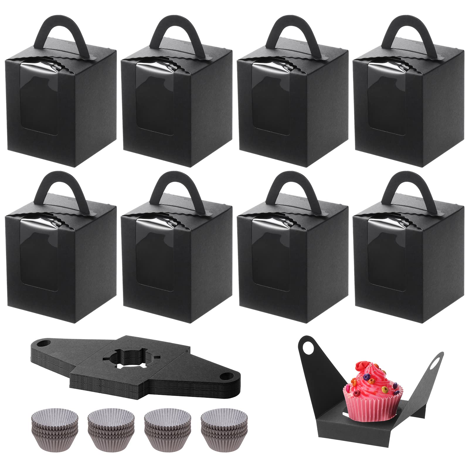 Coolty 50 Pezzi Scatole Singole per Cupcake Scatole per Muffin Scatola Cupcake con 100 Pezzi Custodie per Cupcake Scatola per Dessert Muffin Pasticcini Macarons Torte Regali (Black)