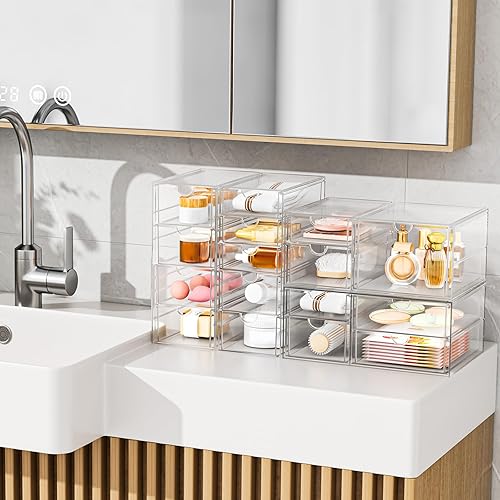 Miniatura 2 de Organizador de maquillaje acrílico con 17 cajones, paquete de 4 organizadores transparentes para mostrador de baño para paletas, cosméticos y