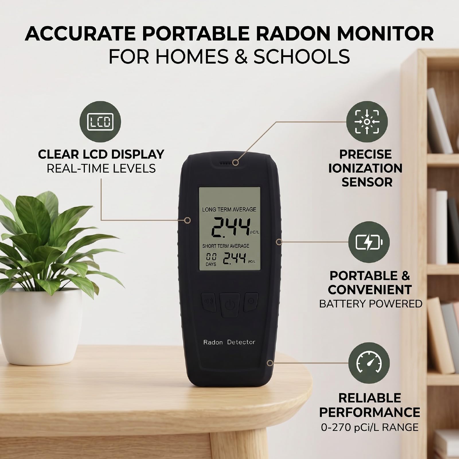 Luocute Rilevatore di Radon Portatile, Display LCD Digitale 0-270pCi L Monitor di Radon con Sensore Ionico Avanzato, Allarmi Visivi Acustici, Archiviazione Dati a Lungo Termine per