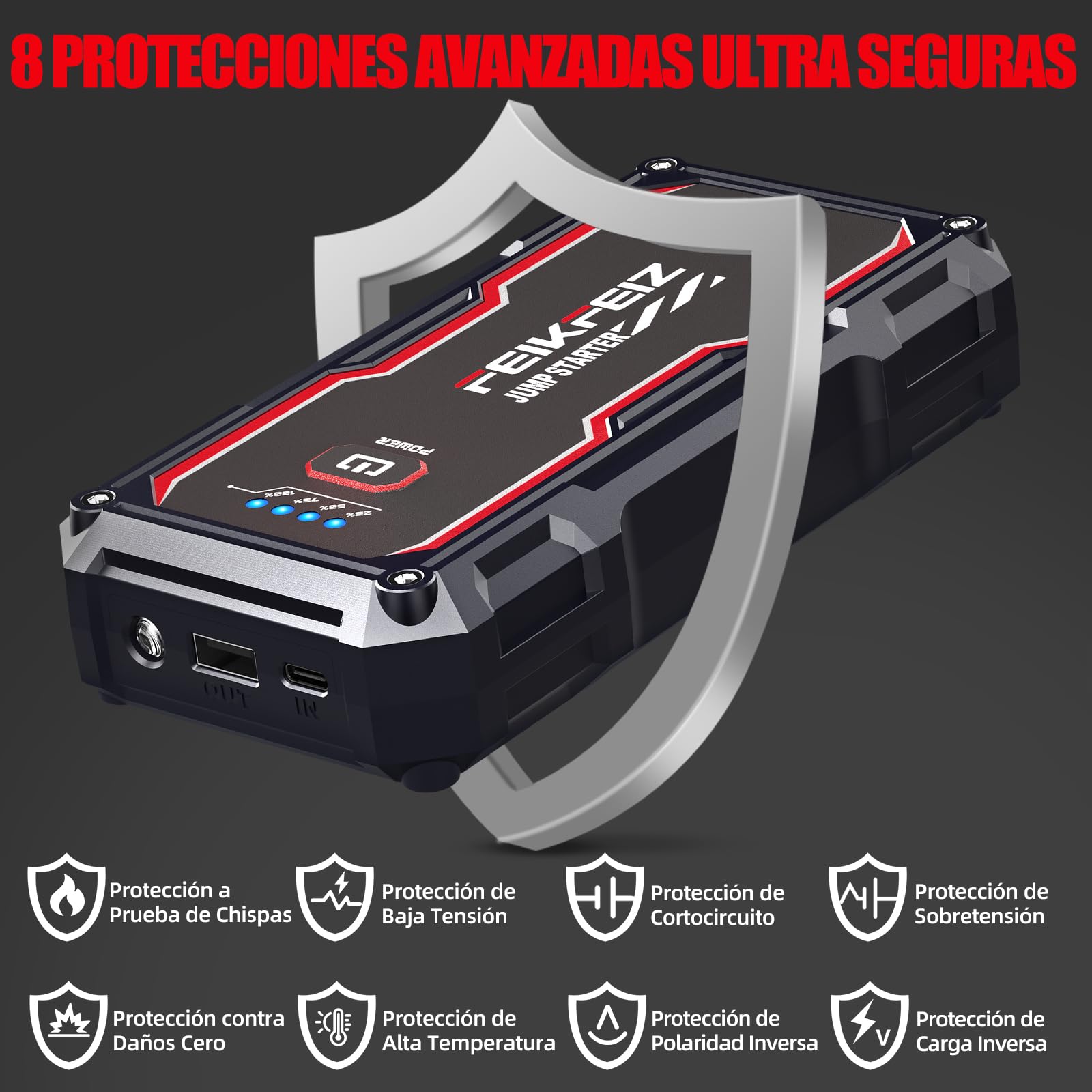 FEIKFEIZ Arrancador de Coches, 6000A 26800mAh Arrancador Batería Coche (para Todo Vehículo de Gasolina o 8,0L de Diesel), Booster Bateria, con Puerto de Salida USB, Luz LED.