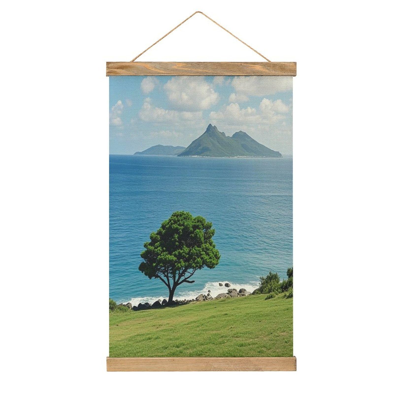 VstaDank Abstract Sea View Hanging Poster with Wooden Frame Modern Linen Hanging Painting Retro Style Wall Decor Art Painting for Living Room,Bedroom Decor Poster Frame 20.4x13.1inch