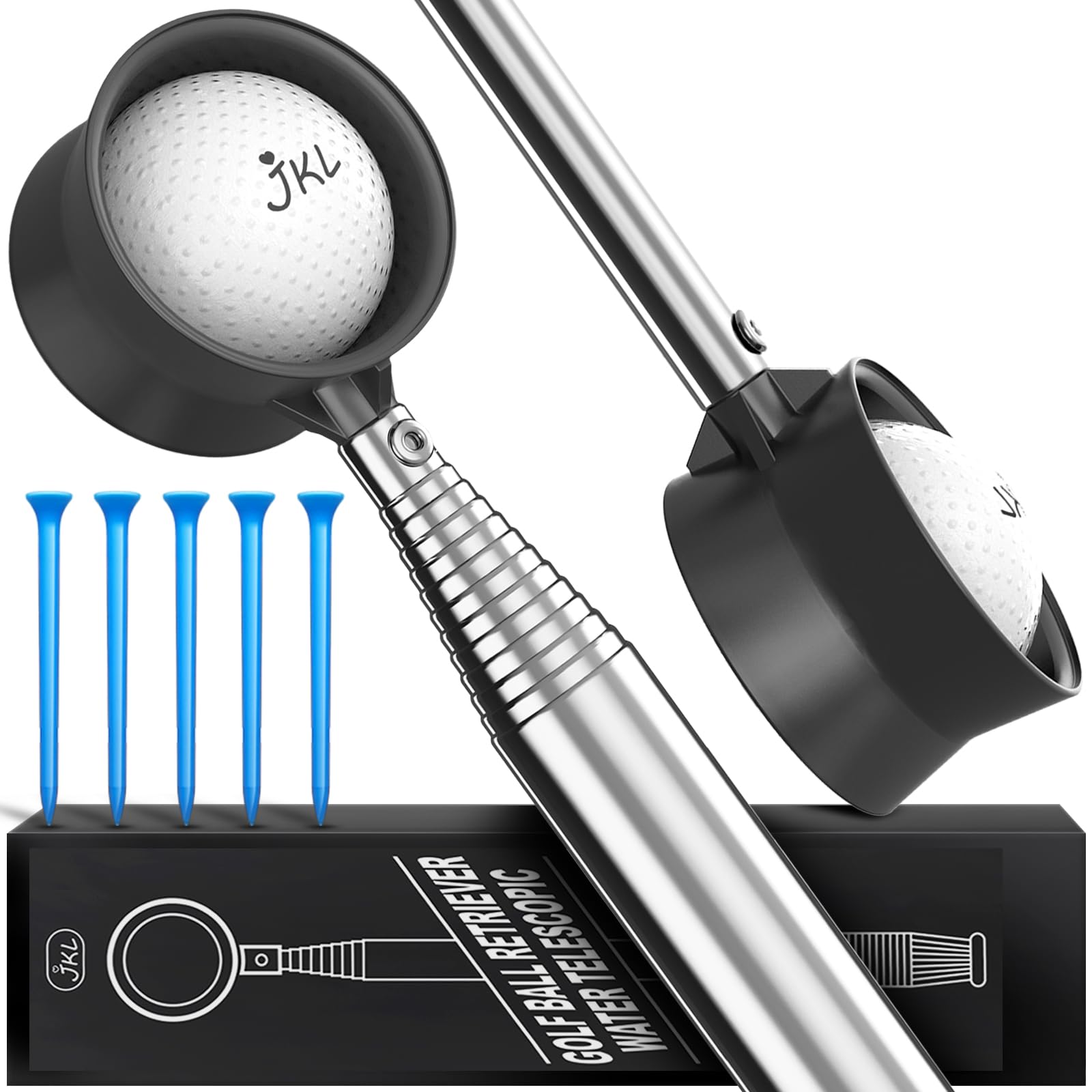 JKL Recuperador de pelotas de golf de 9 pies / 12 pies para agua telescópico, eje de acero inoxidable, alta durabilidad, recogedor de bolas de doble cara, regalos de golf para golfistas
