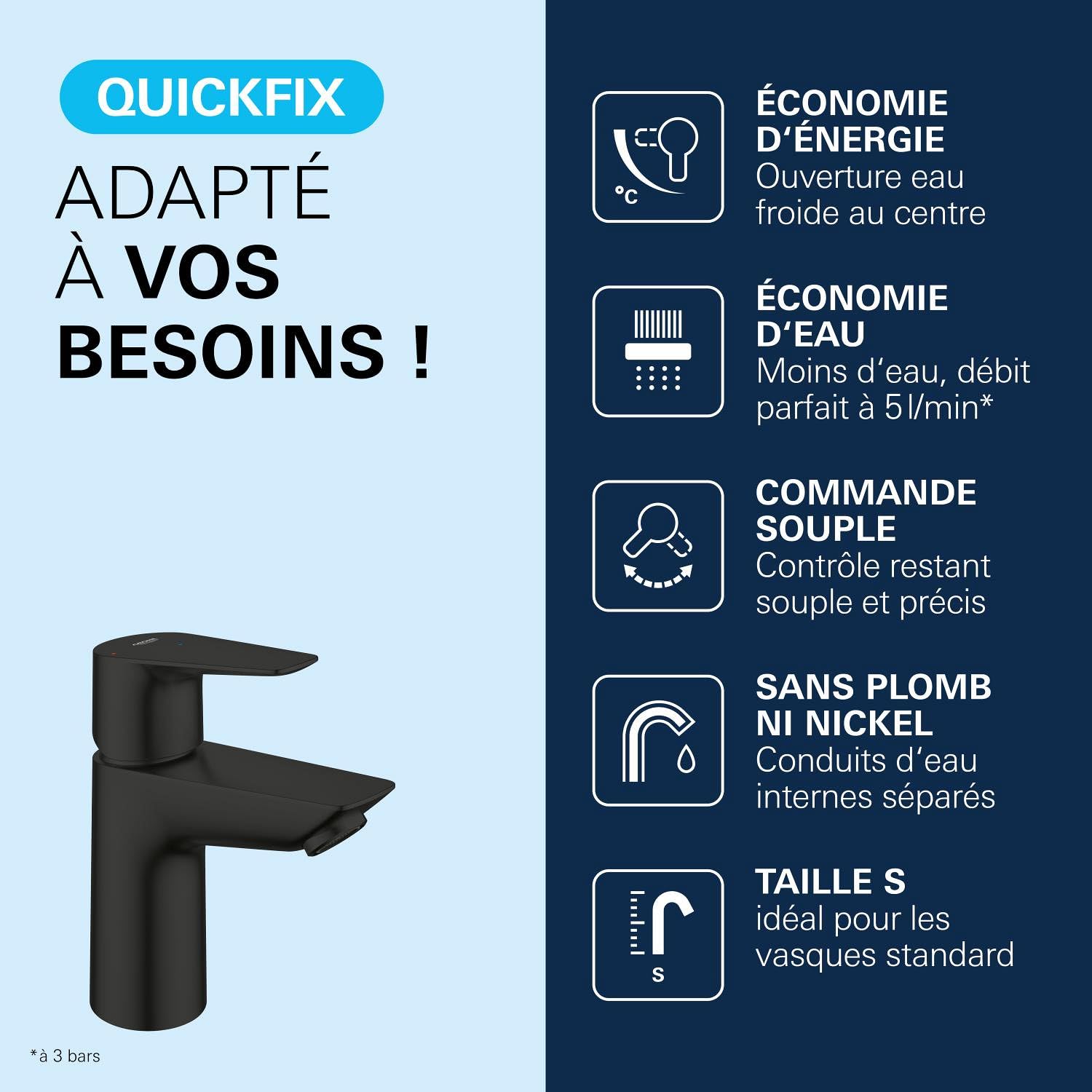 GROHE Start Edge QuickFix Mitigeur de Lavabo de Salle de bains, Taille S, (Corps Lisse, Bonde Clic-Clac, Économie d’Énergie et d’Eau, QuickTool Inclus), Noir Mat, 239002431