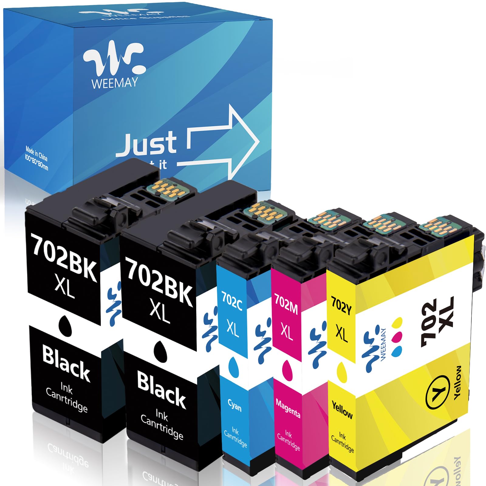 Weemay 702XL Ink Cartridges Combo Pack (5 Pack) Remanufactured Replacement for Epson 702 702XL Ink Cartridges T702XL T702 Use with Epson Workforce Pro WF-3720 WF-3730 WF-3733 Printer (BK/C/M/Y)