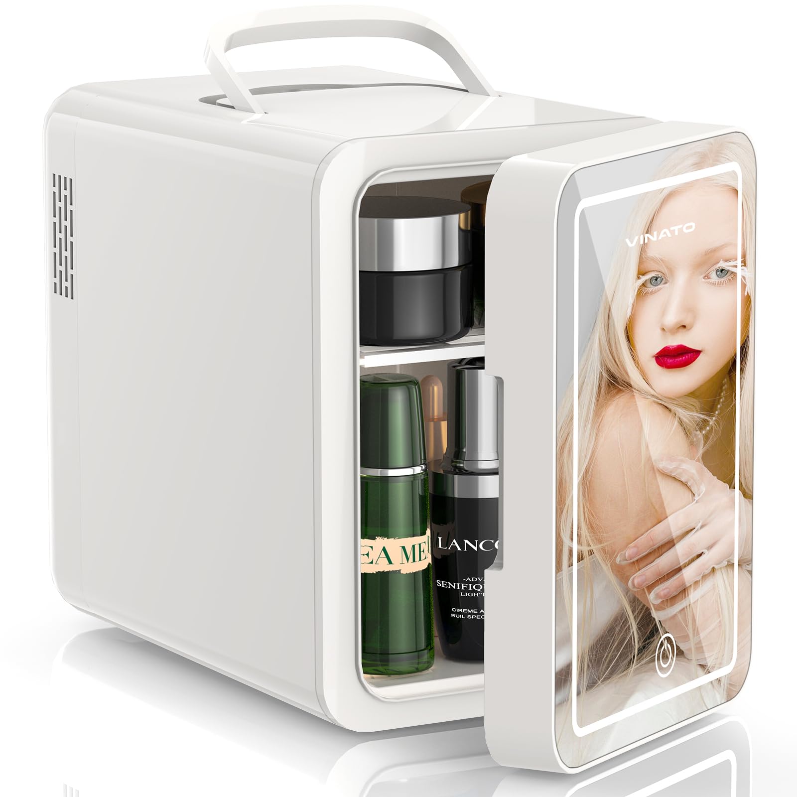 VINATO 6L Mini Nevera para Dormitorio, Nevera Skincare con Espejo LED, Portatil Nevera Pequeña 220 V AC / 12 V DC para Coche, Oficina, Dormitorio
