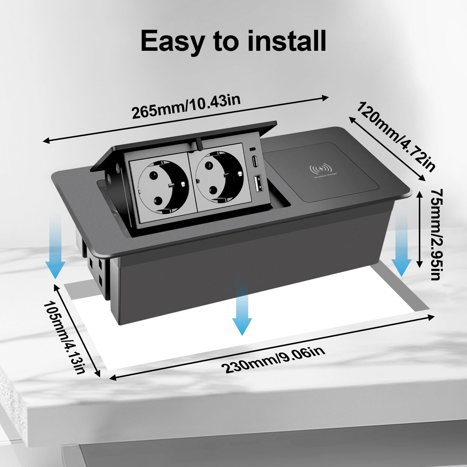 Enchufe retráctil de 2 vías con USB-C PD 20 W función de carga rápida y cargador inalámbrico de 15 W, enchufe de mesa emergente para encimera, escritorio y cocina, regleta que ahorra espacio