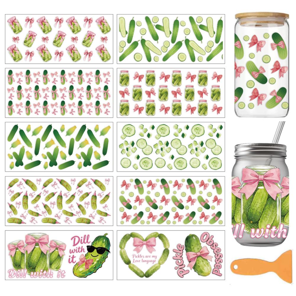 arricraft 10 Sheets Cucumber Theme UV DTF Cup Wrap for 16OZ Glass, Cucumber Bows Rub on Decals PVC Transfer Stickers for DIY Cups Window Home Printing Decoration 24x11cm/9.4x4.3inch โ image 1