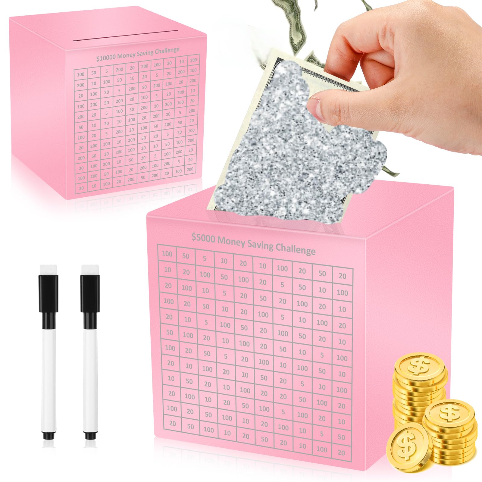 CroBlissful Money Saving Box 4.72 Inches Unbreakable Piggy Bank for Adults with 2 Dry-Erase Pens Cash Savings Challenge Box Two-Sided Stainless Steel Savings Bank, Must Break to Open(Pink)